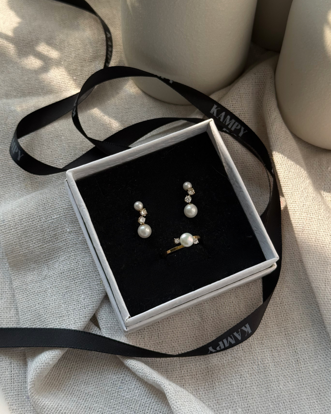 Gold Pearl & CZ Ring Set – Matching Bands (Set of 2)