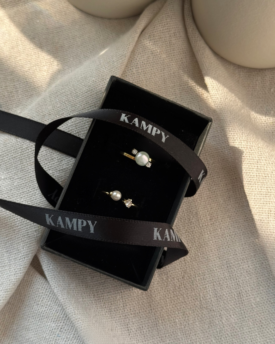 Gold Pearl & CZ Ring Set – Matching Bands (Set of 2)