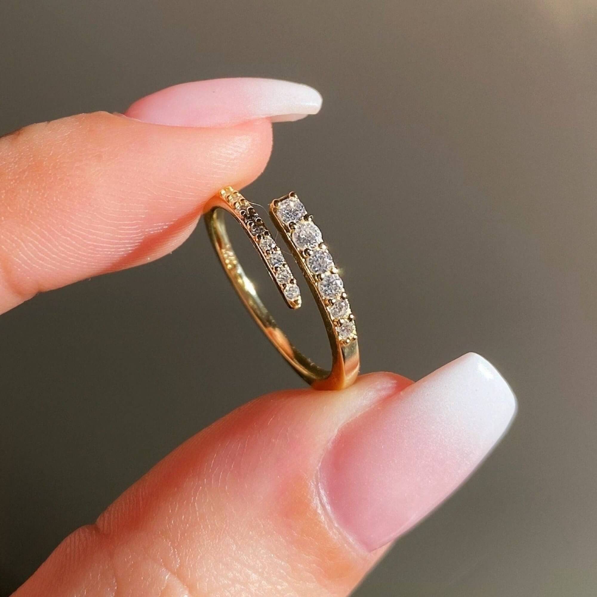 Front view of the KimikoR 14K gold-plated wrap ring by Kampy Designs, displaying its minimalist yet bold wrap-around structure.
