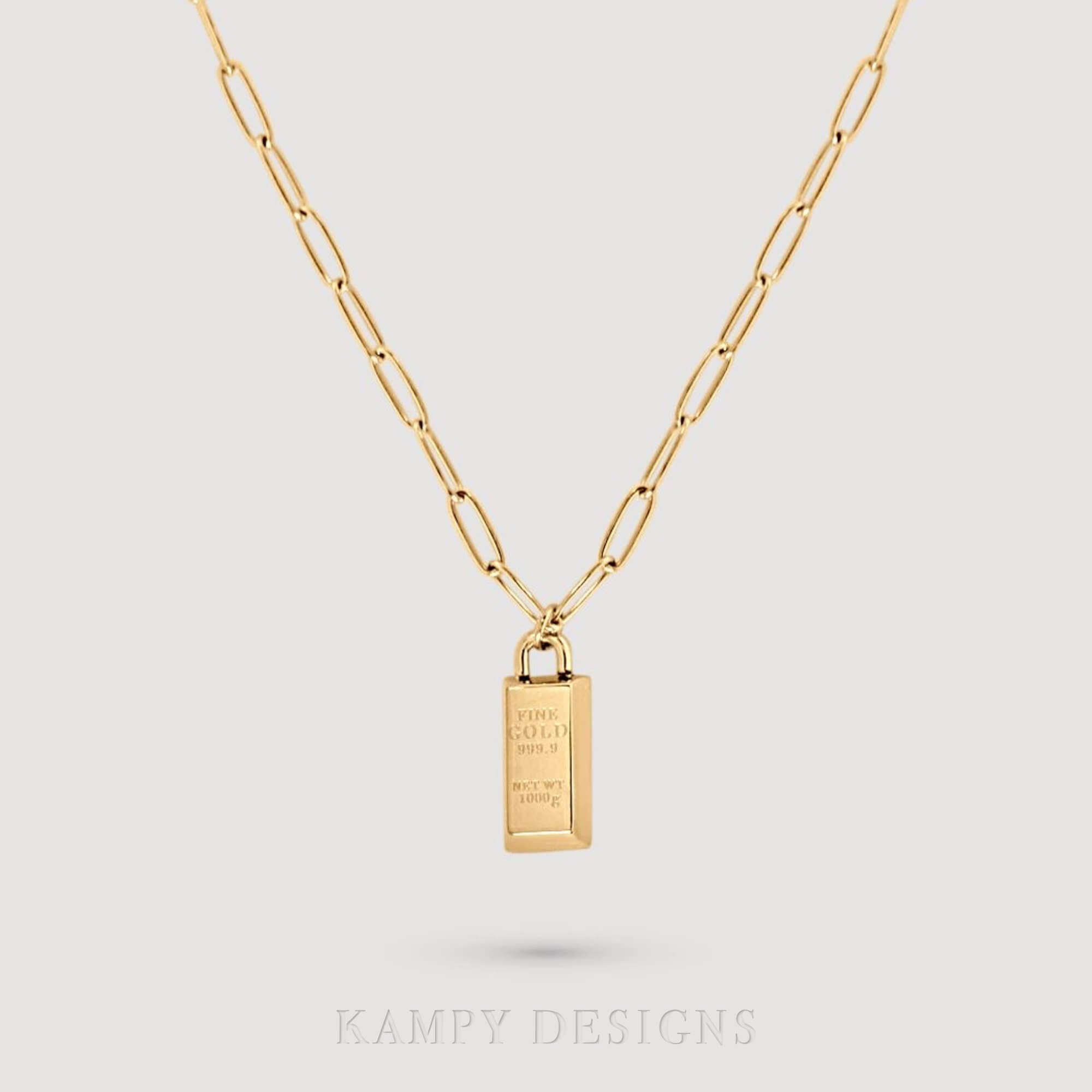 The KoldyN 18K gold bar pendant necklace by Kampy Designs in a larger size, perfect for making a bold and elegant statement.