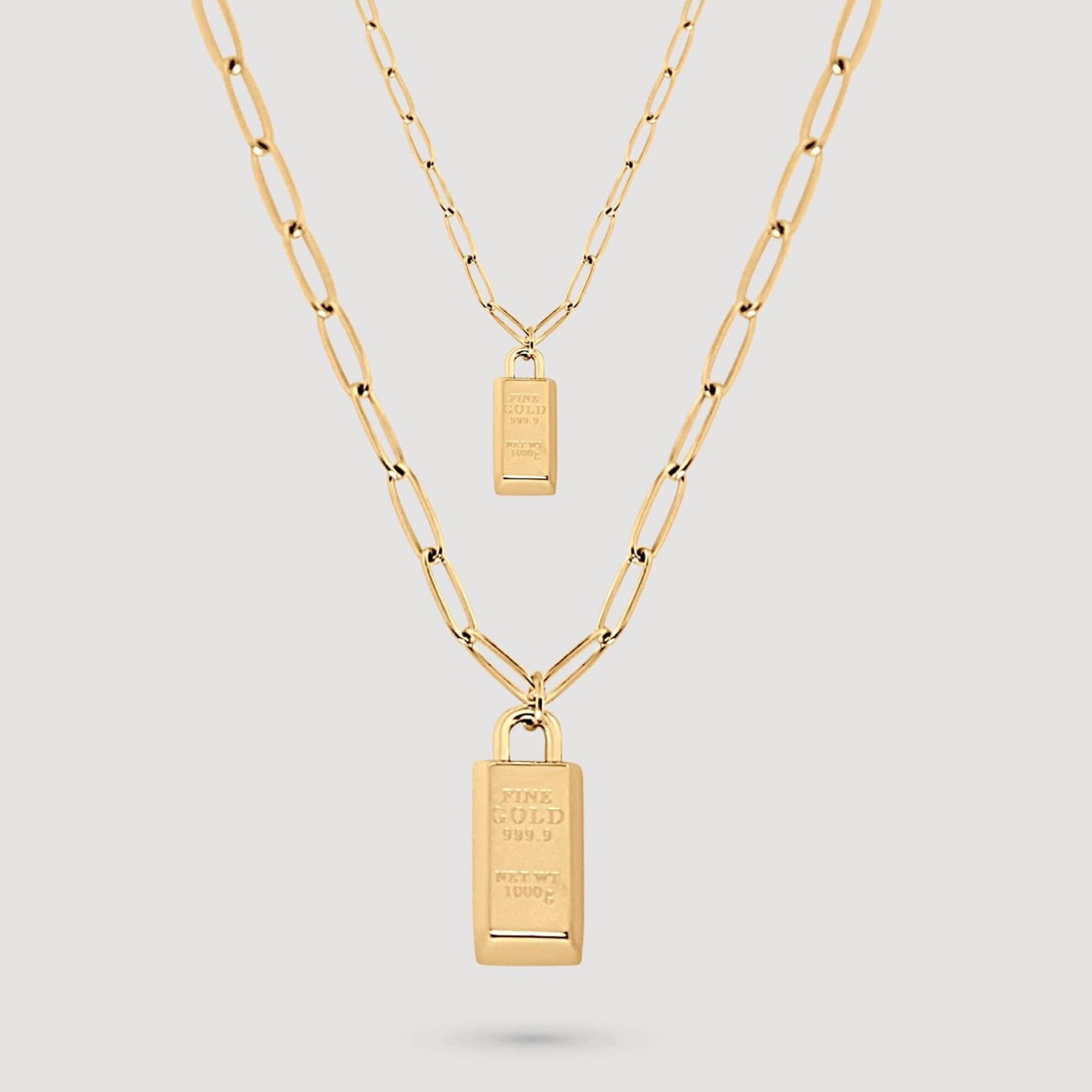 The KoldyN 18K gold bar pendant necklace by Kampy Designs, displayed in different sizes for a perfect fit and versatile styling.