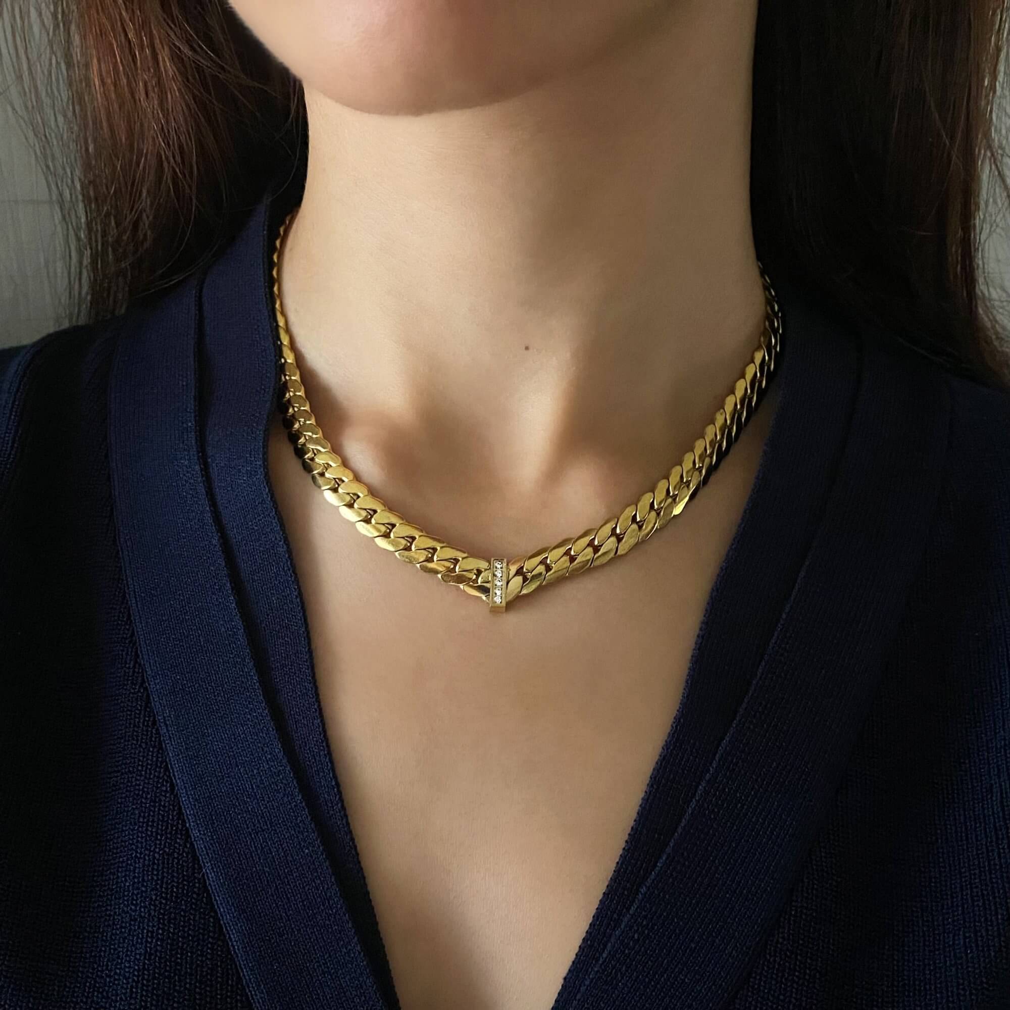Full view of the KeikoN 18K gold-plated bold CZ necklace by Kampy Designs, showcasing its elegant chain and dazzling cubic zirconia stones.