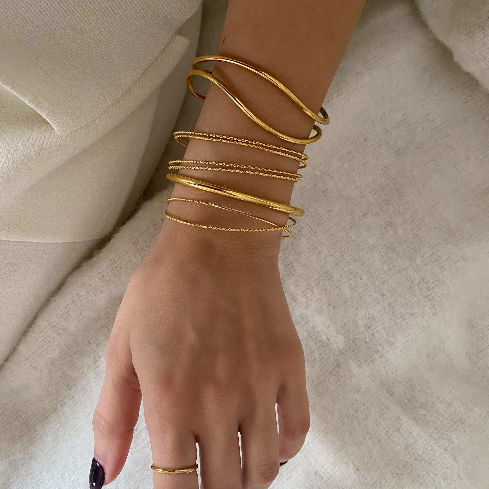 Front view of the KutesyB 18K gold-plated cuff bangle bracelet by Kampy Designs, displaying its smooth finish and refined craftsmanship.