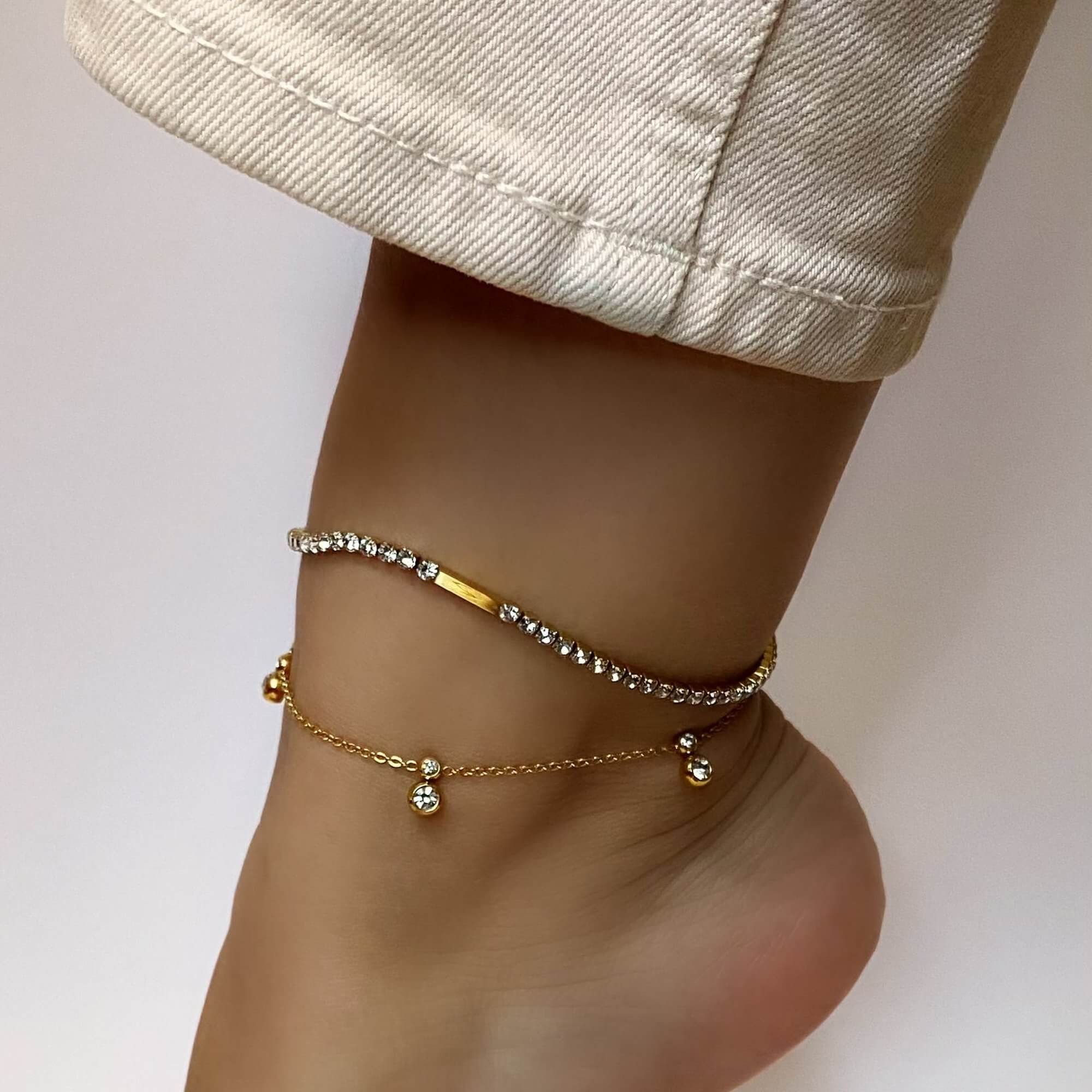 Alternative angled view of the KarB 18K gold-plated CZ tennis anklet by Kampy Designs, showcasing its sleek design and shimmering cubic zirconia stones.