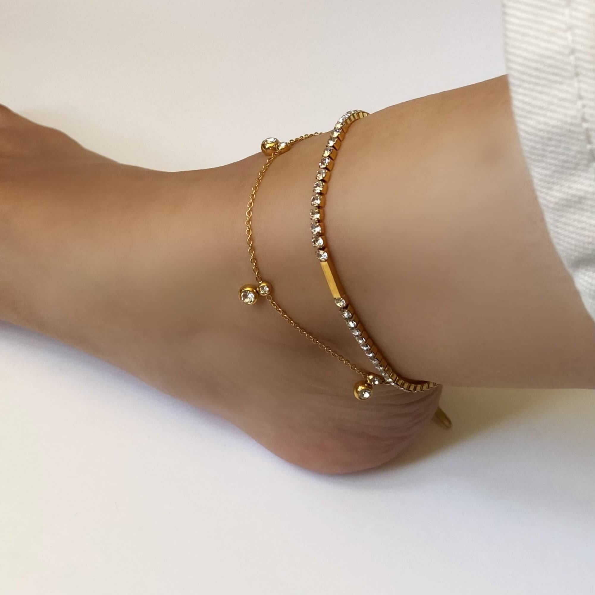 Close-up of the KarB 18K gold-plated CZ tennis anklet by Kampy Designs, capturing its intricate detailing and flawless cubic zirconia setting.