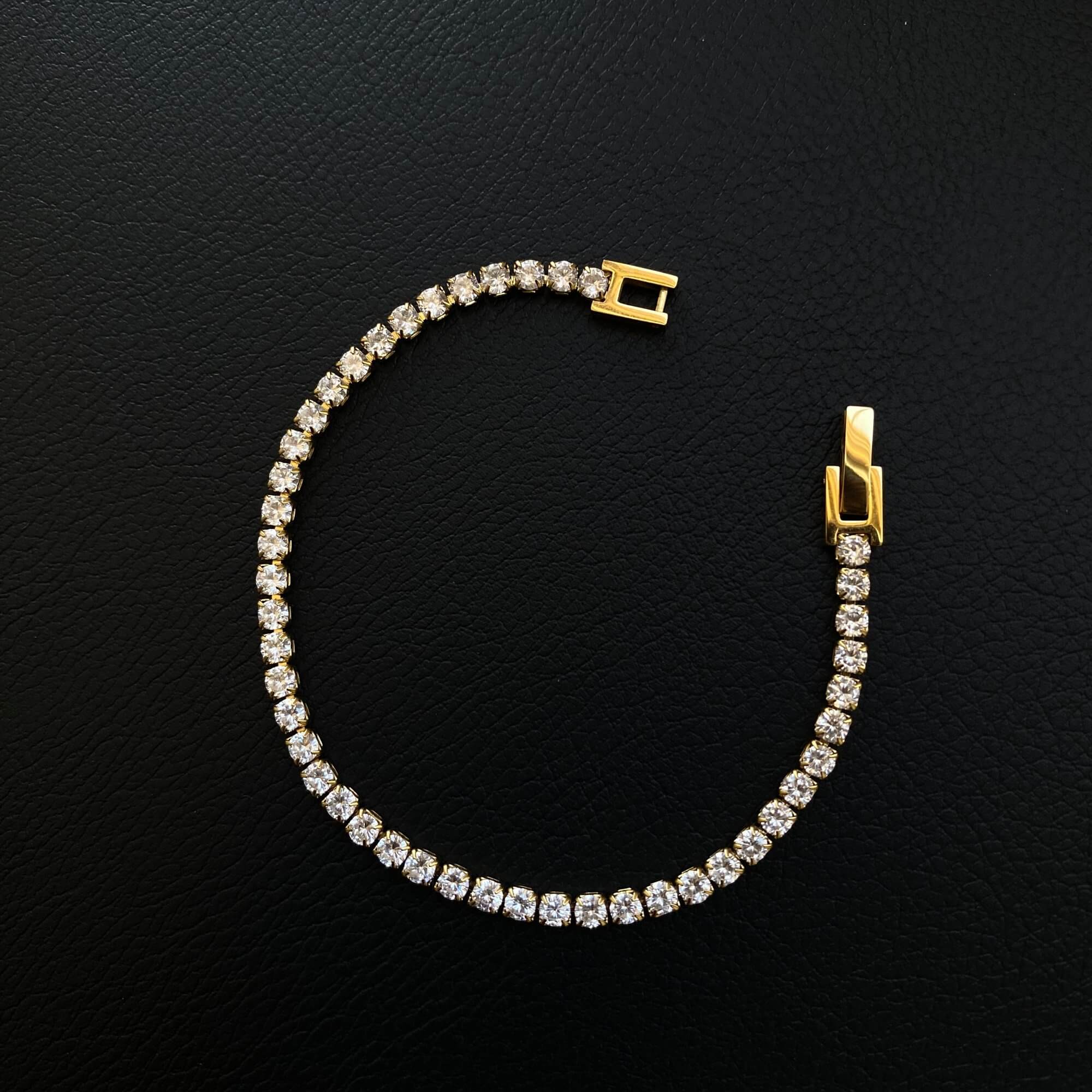 Alternative front view of the KennisB 18K gold-plated CZ tennis bracelet by Kampy Designs, highlighting its precision-set stones and polished links.