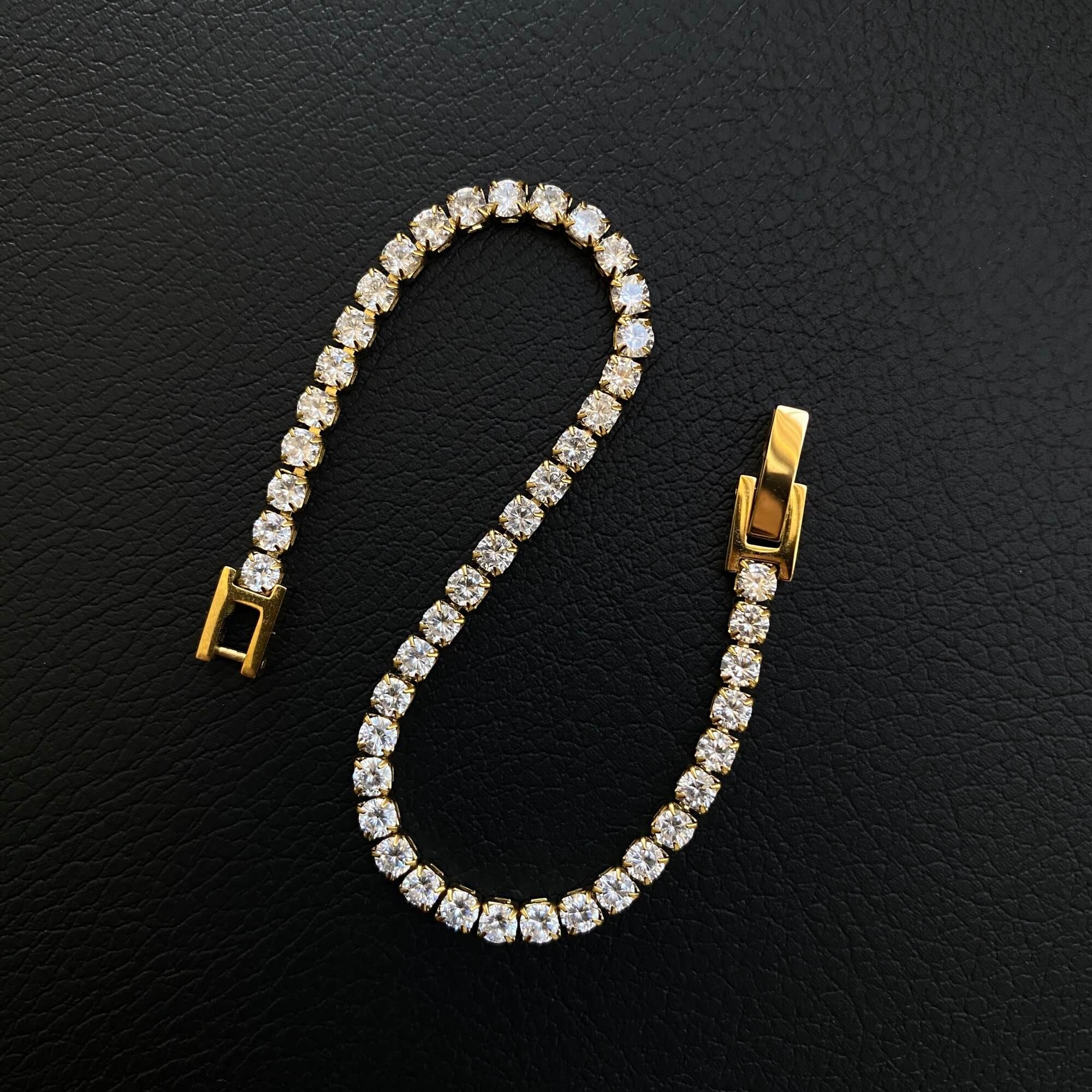 Front view of the KennisB 18K gold-plated CZ tennis bracelet by Kampy Designs, displaying its timeless elegance and refined craftsmanship.