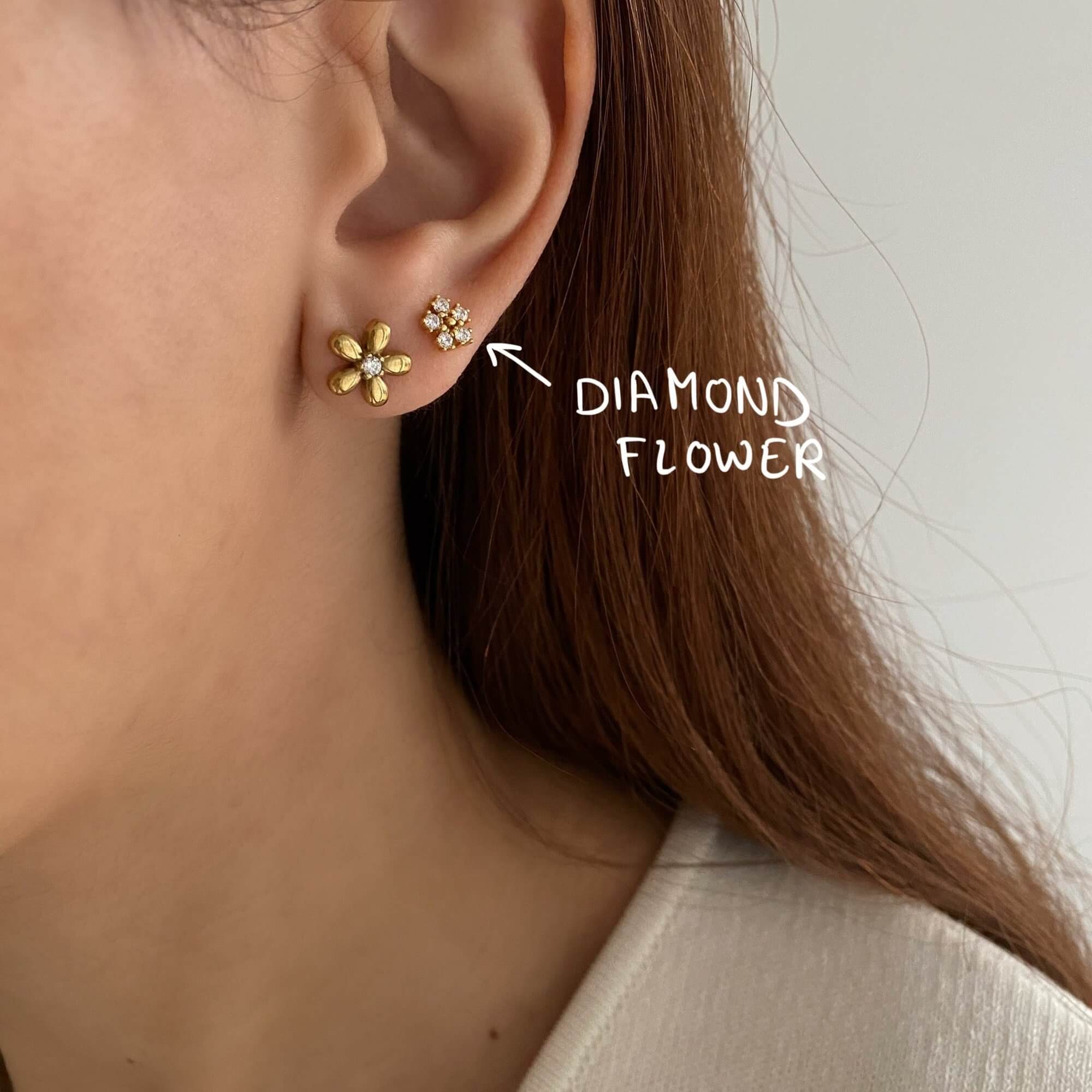 Close-up of the KayleyE 18K gold-plated CZ diamond flower stud earrings by Kampy Designs, sparkling with precision-cut cubic zirconia stones.