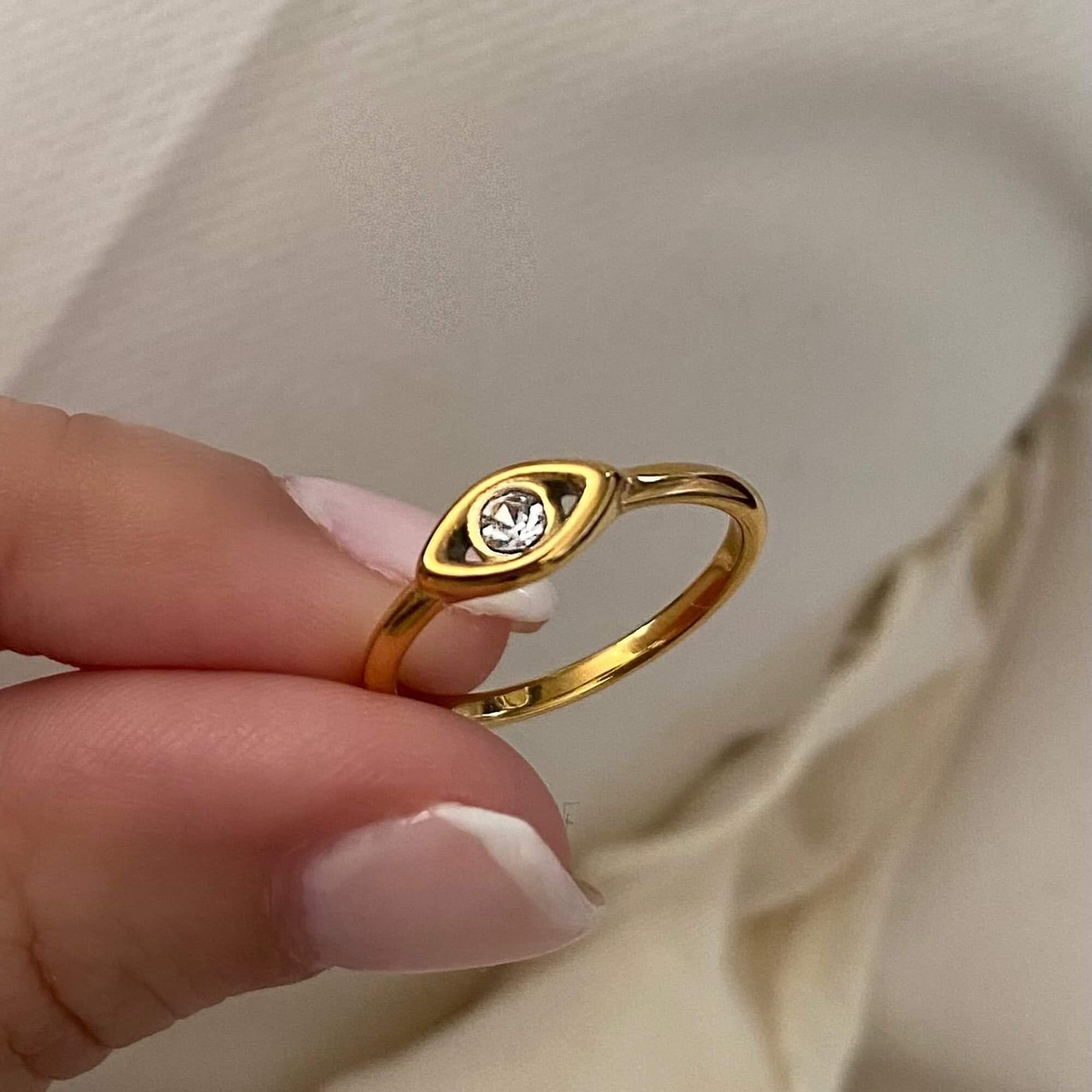 Side view of the KanakaR 18K gold-plated evil eye stone ring by Kampy Designs, highlighting its sleek band and mystical gemstone centerpiece.