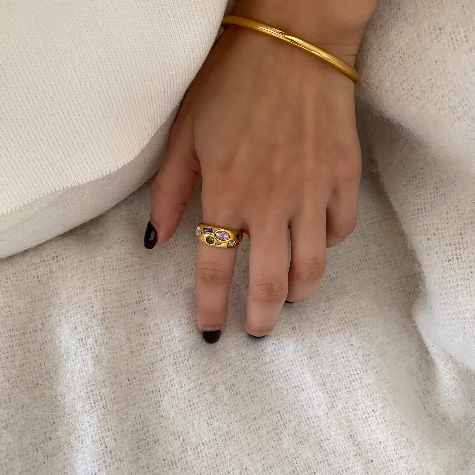 Full view of the KemmaR 18K gold-plated gemstone dome ring by Kampy Designs, showcasing its bold and elegant design.