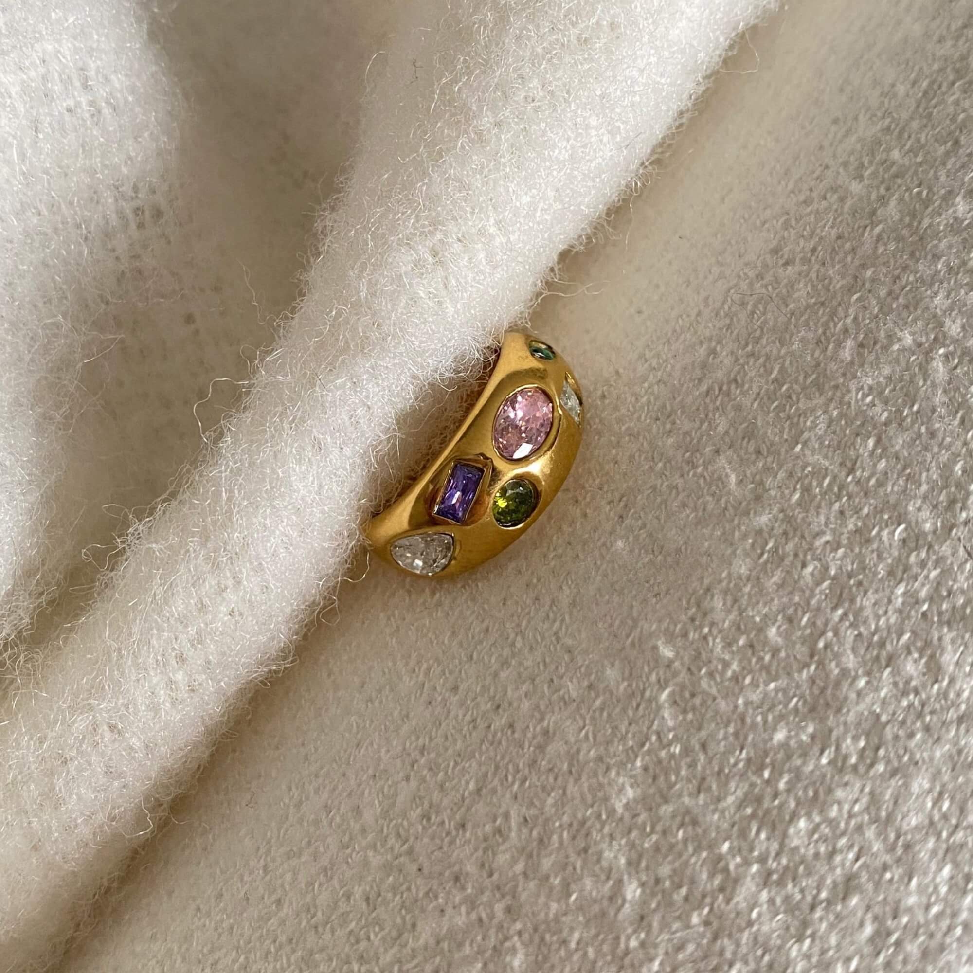 Top-down view of the KemmaR 18K gold-plated gemstone dome ring by Kampy Designs, highlighting its polished gold surface and gemstone setting.