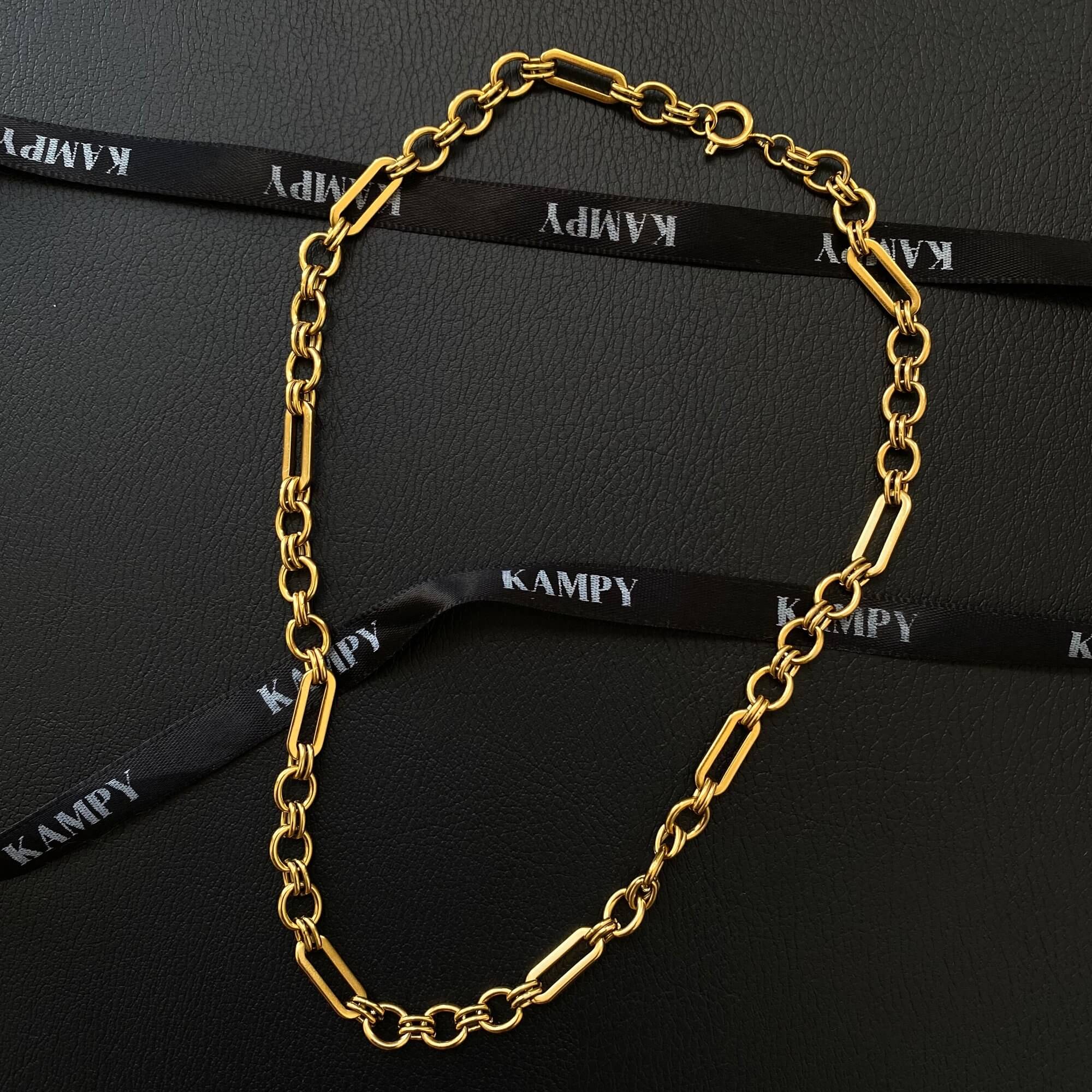 Front view of the KinnN 18K gold-plated paperclip link chain choker necklace by Kampy Designs, highlighting its bold yet minimalist aesthetic.