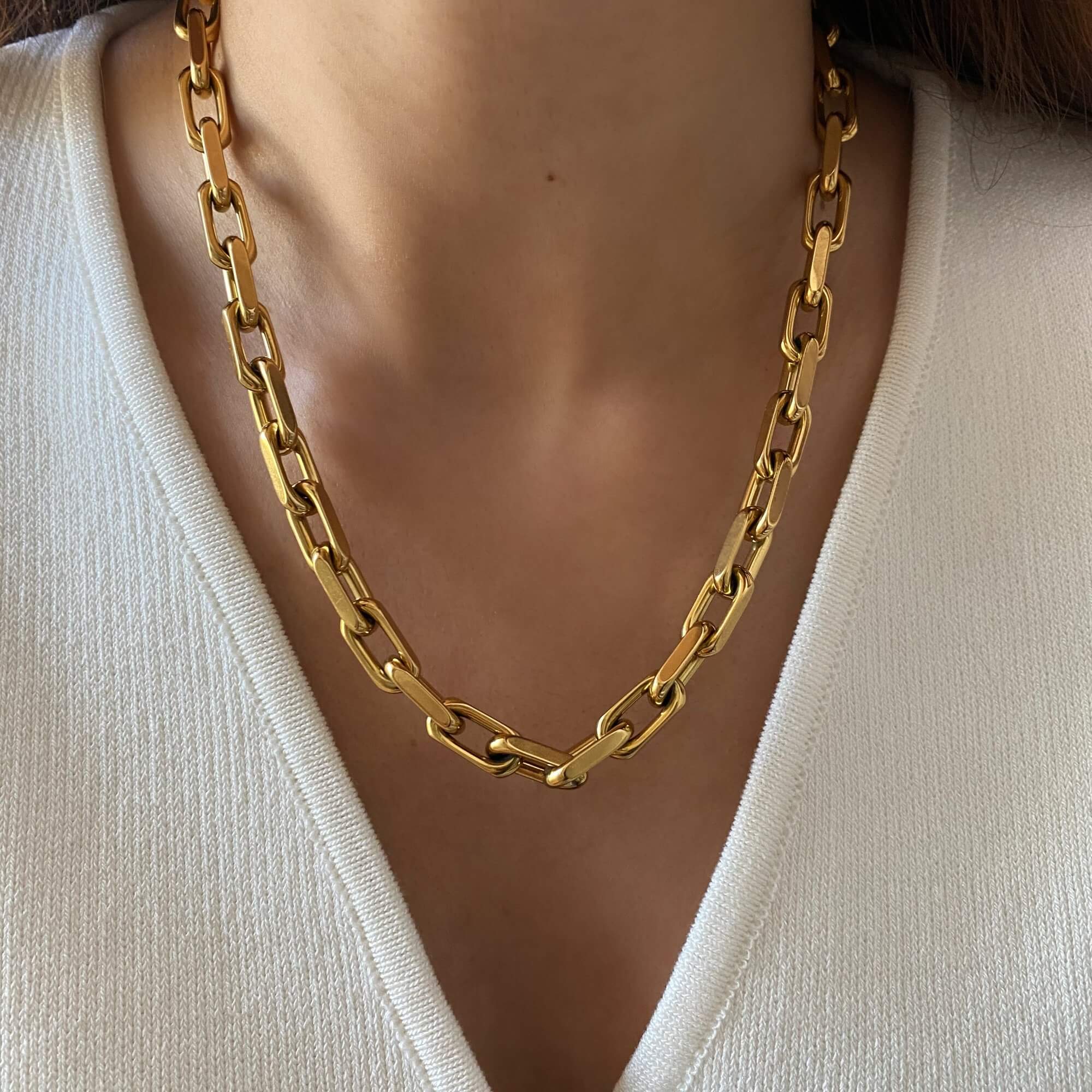Front view of the KlinkN 18K gold-plated thick link chain necklace by Kampy Designs, showcasing its bold and luxurious gold links.