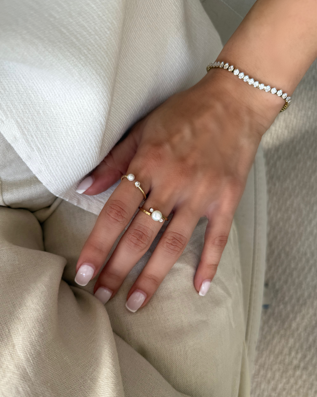 Gold Pearl & CZ Ring Set – Matching Bands (Set of 2)