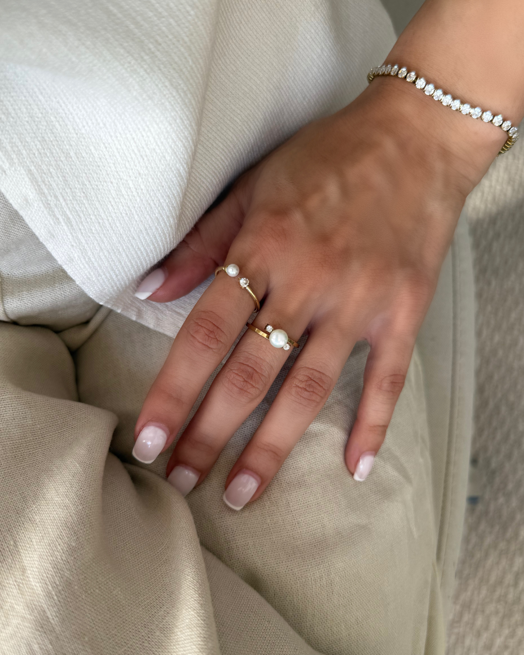 Gold Pearl & CZ Ring Set – Matching Bands (Set of 2)
