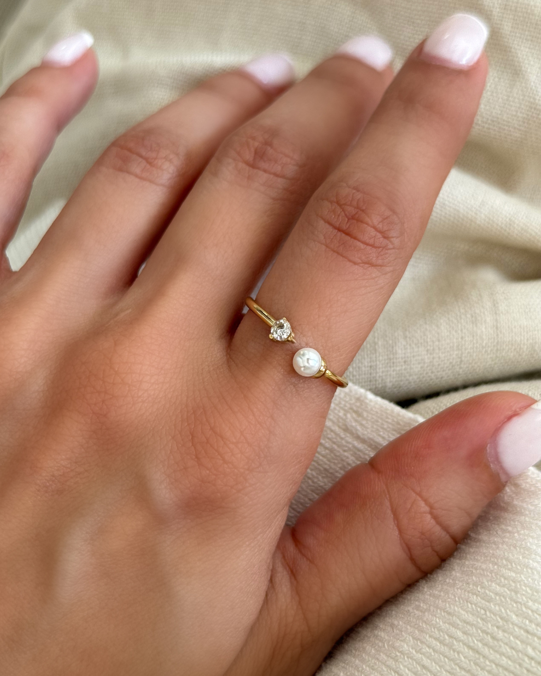 Gold Pearl & CZ Ring Set – Matching Bands (Set of 2)