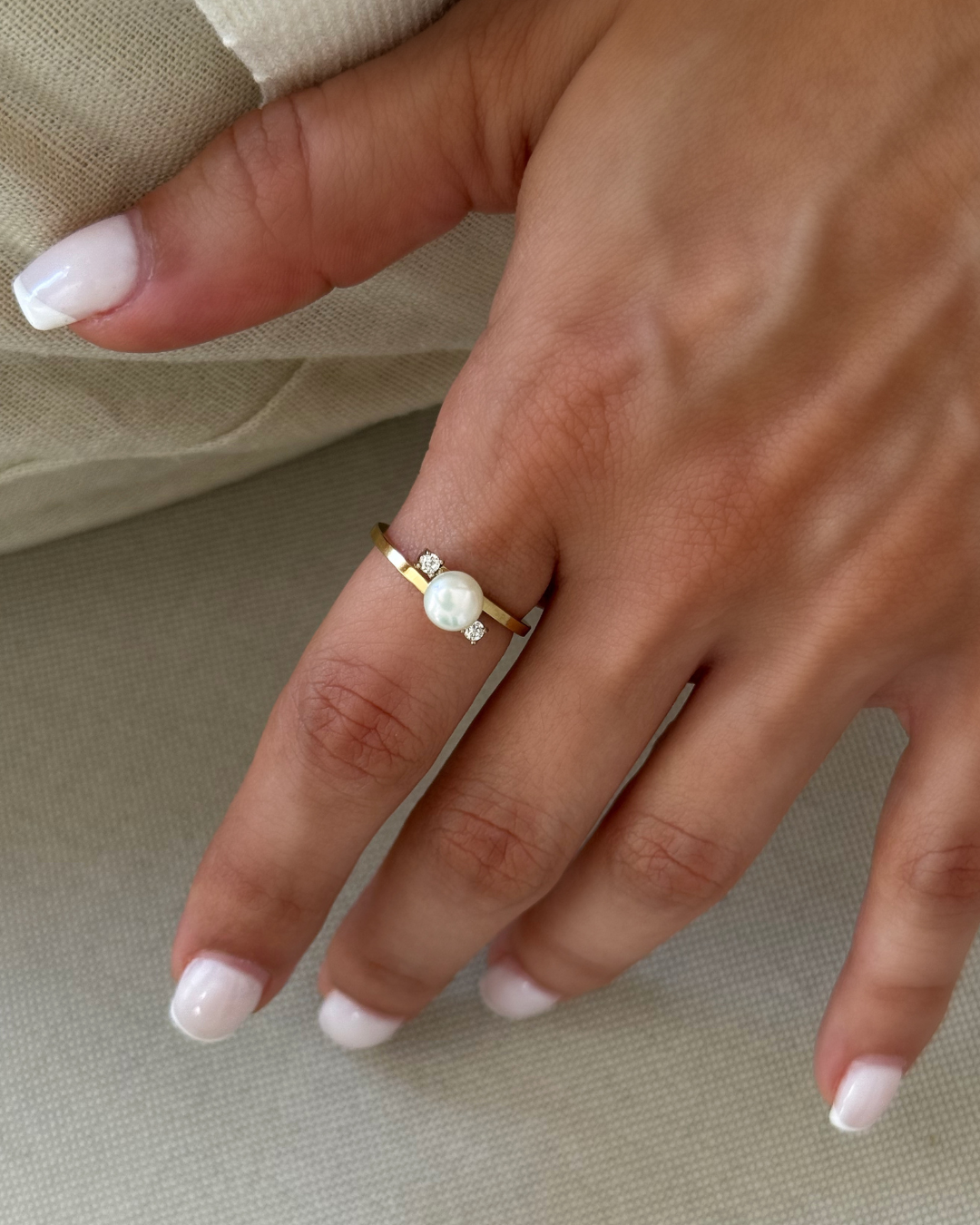 Gold Pearl & CZ Ring Set – Matching Bands (Set of 2)