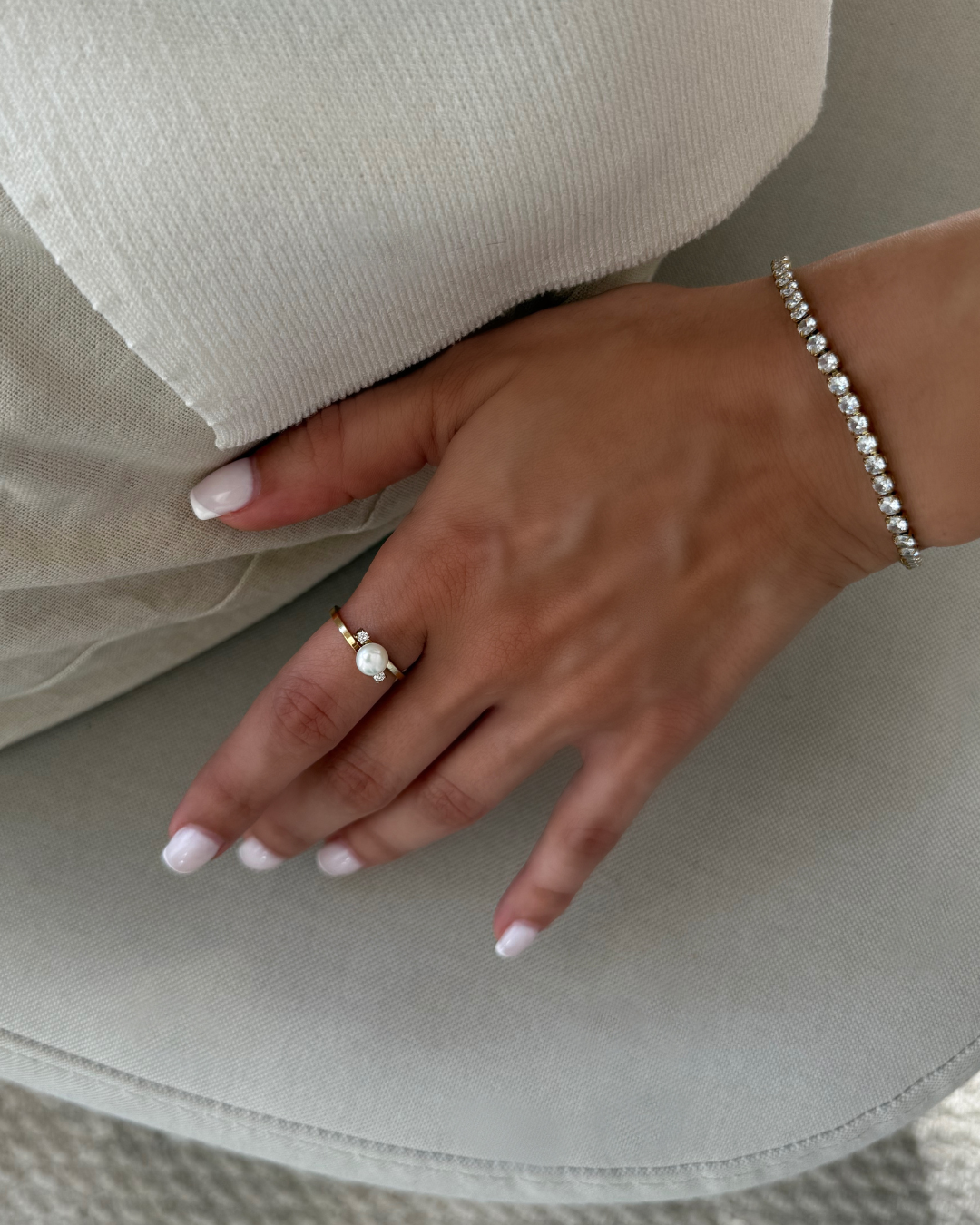 Gold Pearl & CZ Ring Set – Matching Bands (Set of 2)