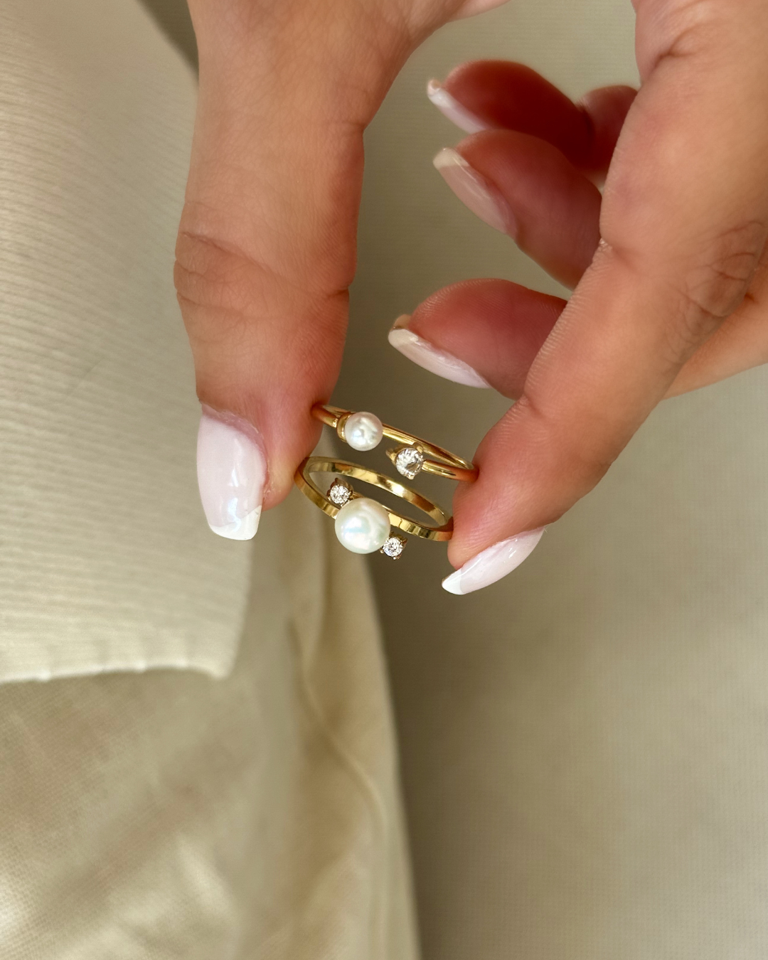 Gold Pearl & CZ Ring Set – Matching Bands (Set of 2)