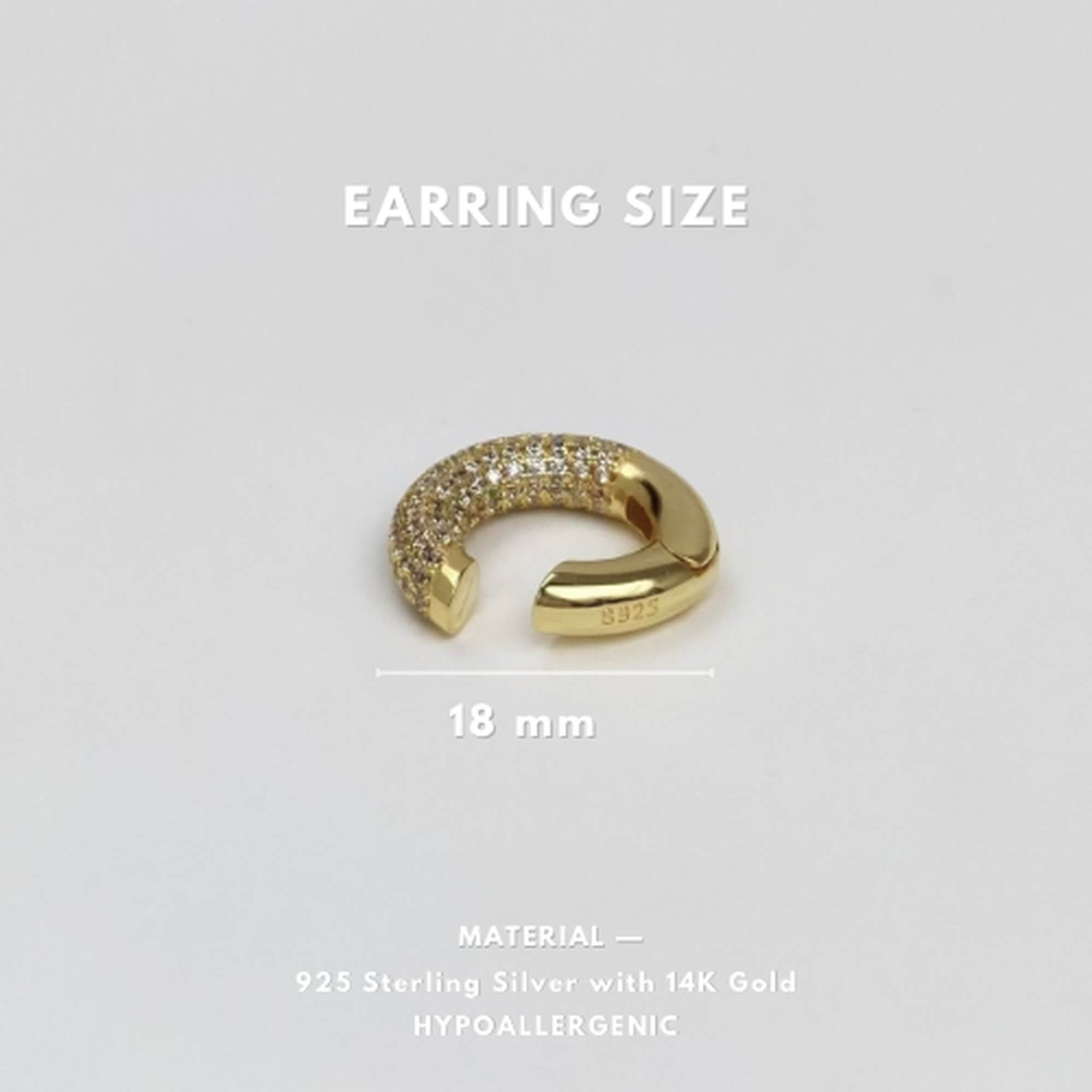 Size chart of the KellyE 925 sterling silver pavé diamond cuff earrings by Kampy Designs, displaying their dimensions for a perfect fit.