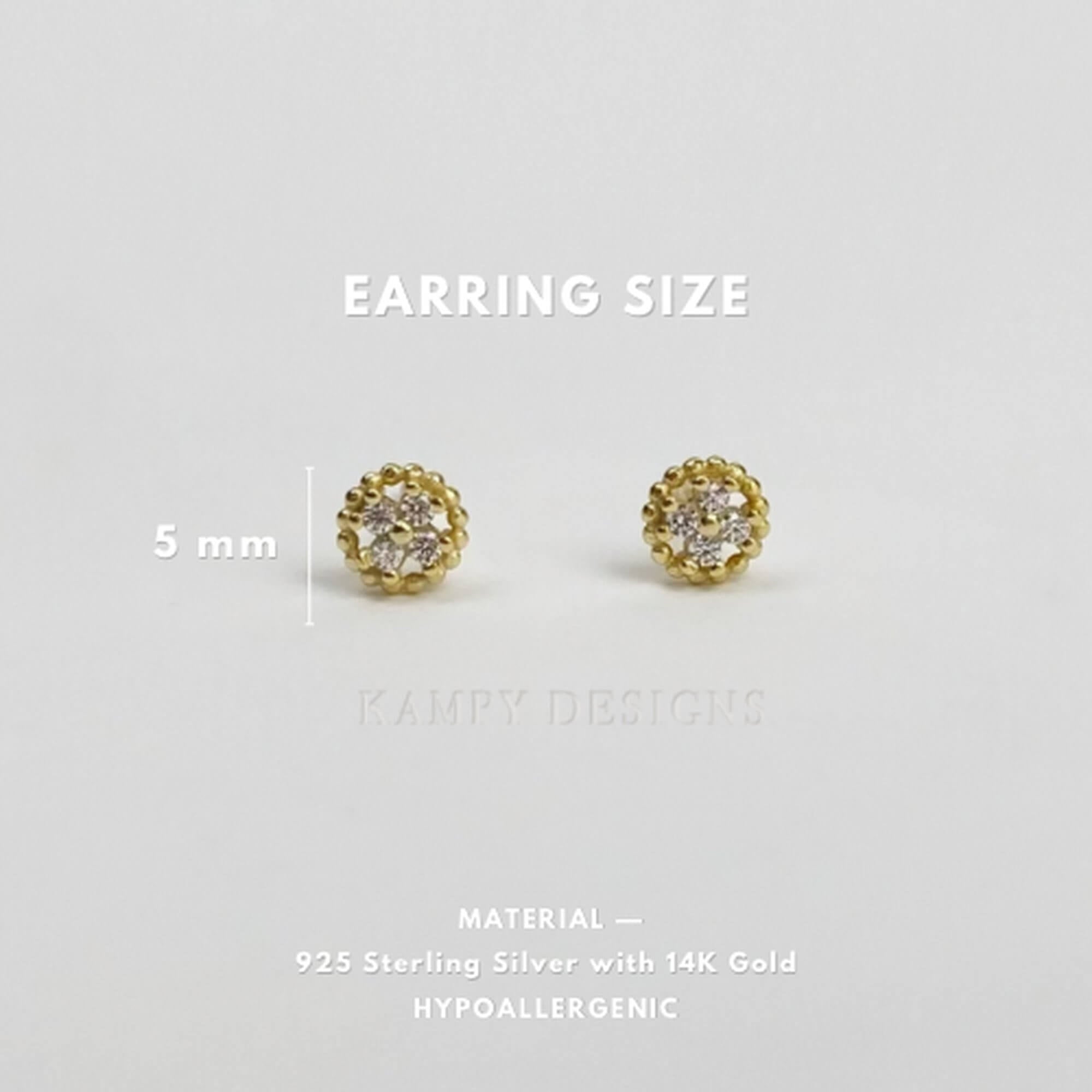Size chart of the KonyE 925 sterling silver tiny clover stud earrings by Kampy Designs, helping buyers choose the perfect fit.