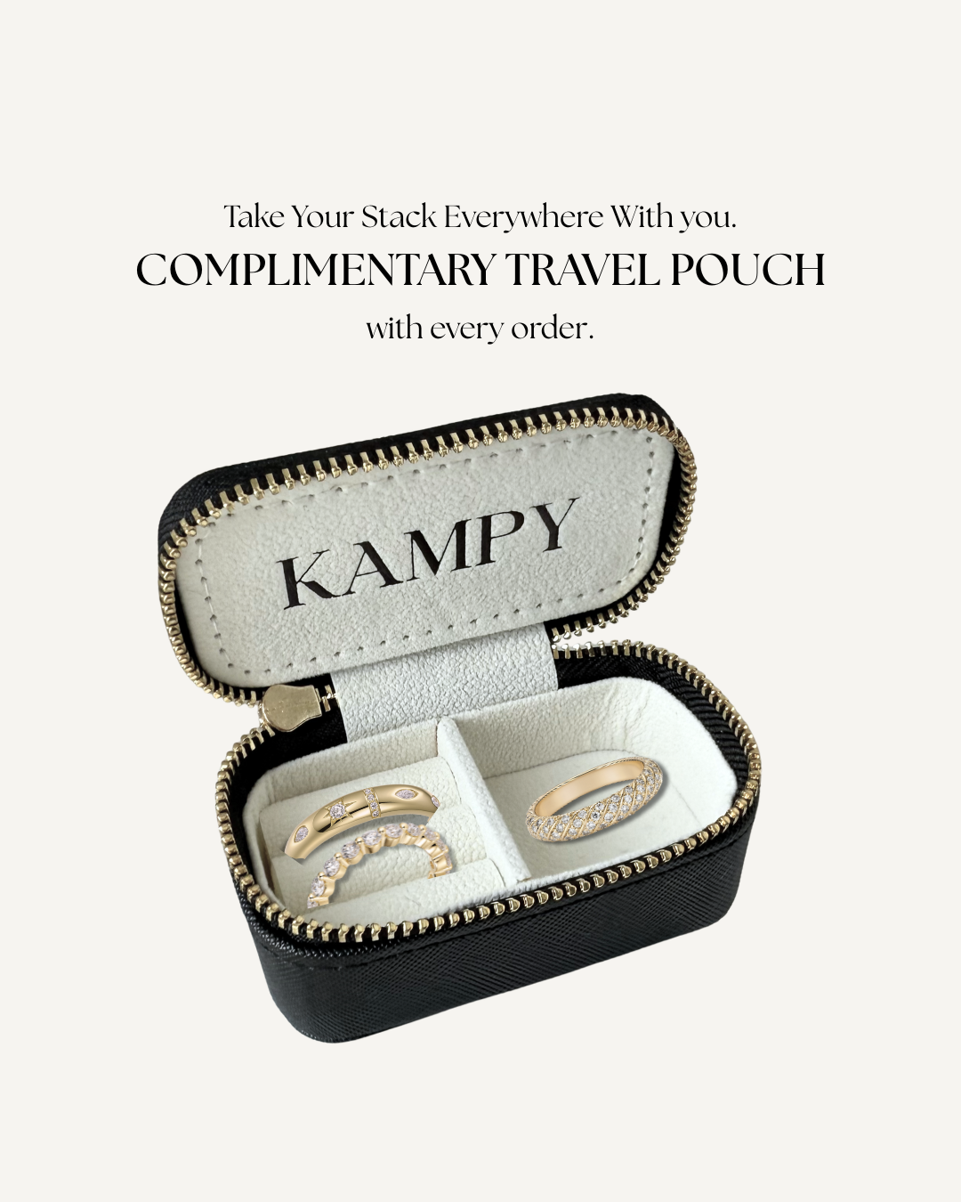 Moissanite ring stack set with Kampy Designs jewelry case shown as complimentary gift
