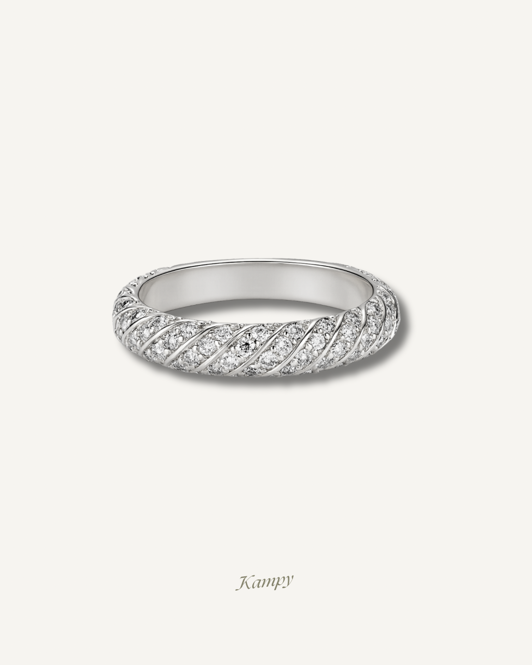 Silver ring with pave twist design on a white background