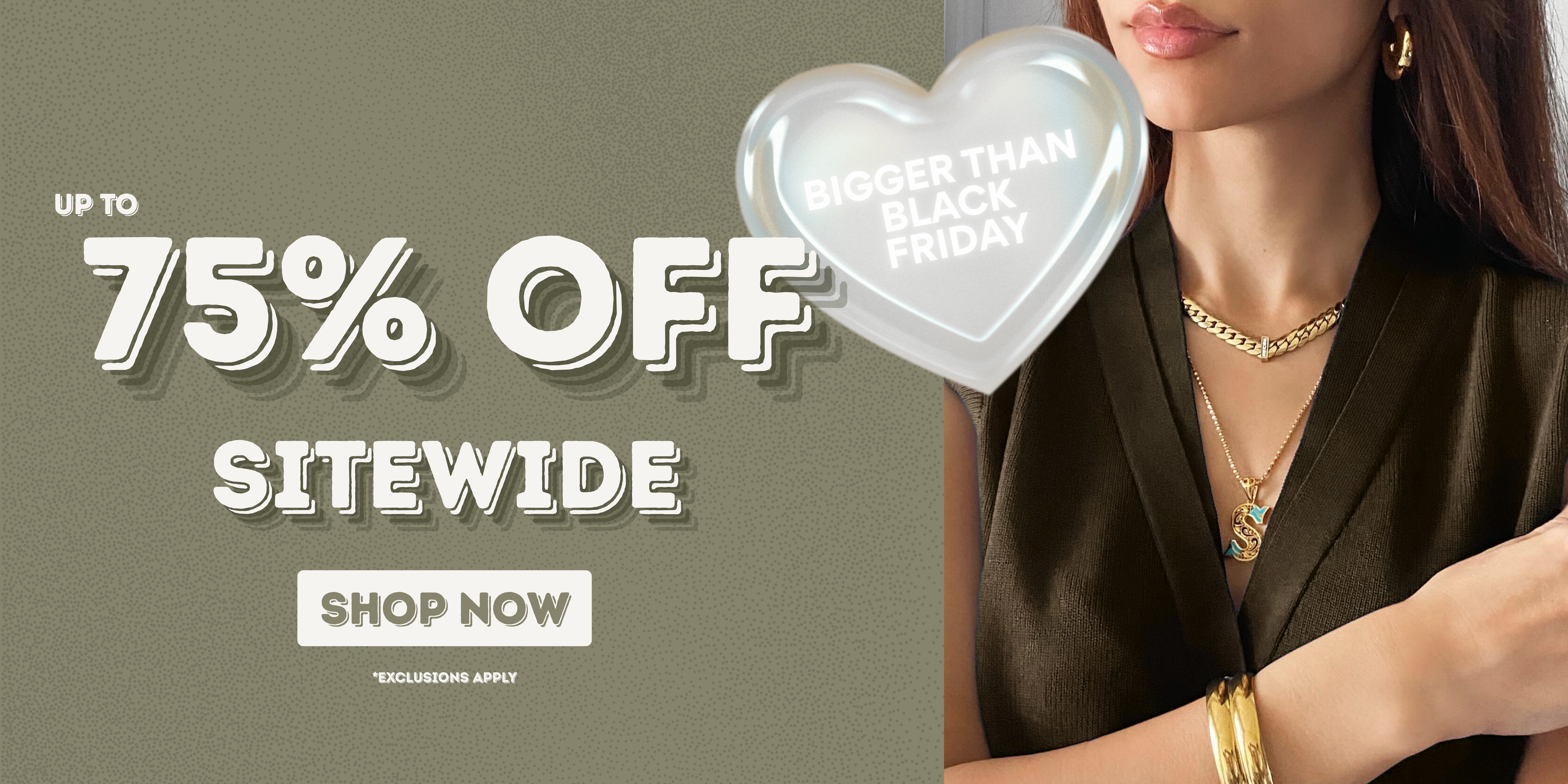 Promotional banner with 'Up to 75% Off Sitewide' offer and a woman wearing jewelry.