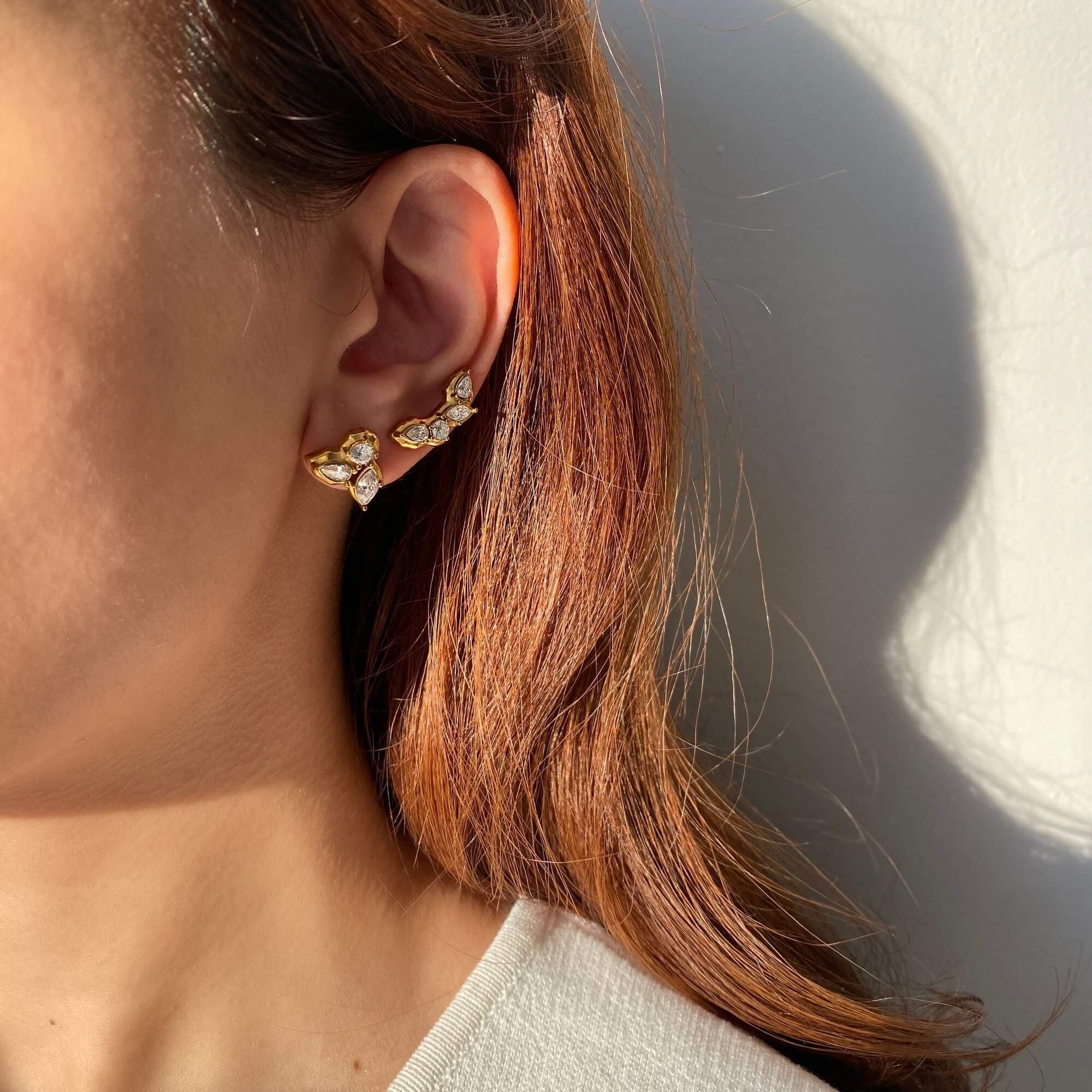 Full view of the KarlaE cluster leaf CZ stud earrings by Kampy Designs, showcasing their intricate leaf-inspired design and sparkling cubic zirconia stones.