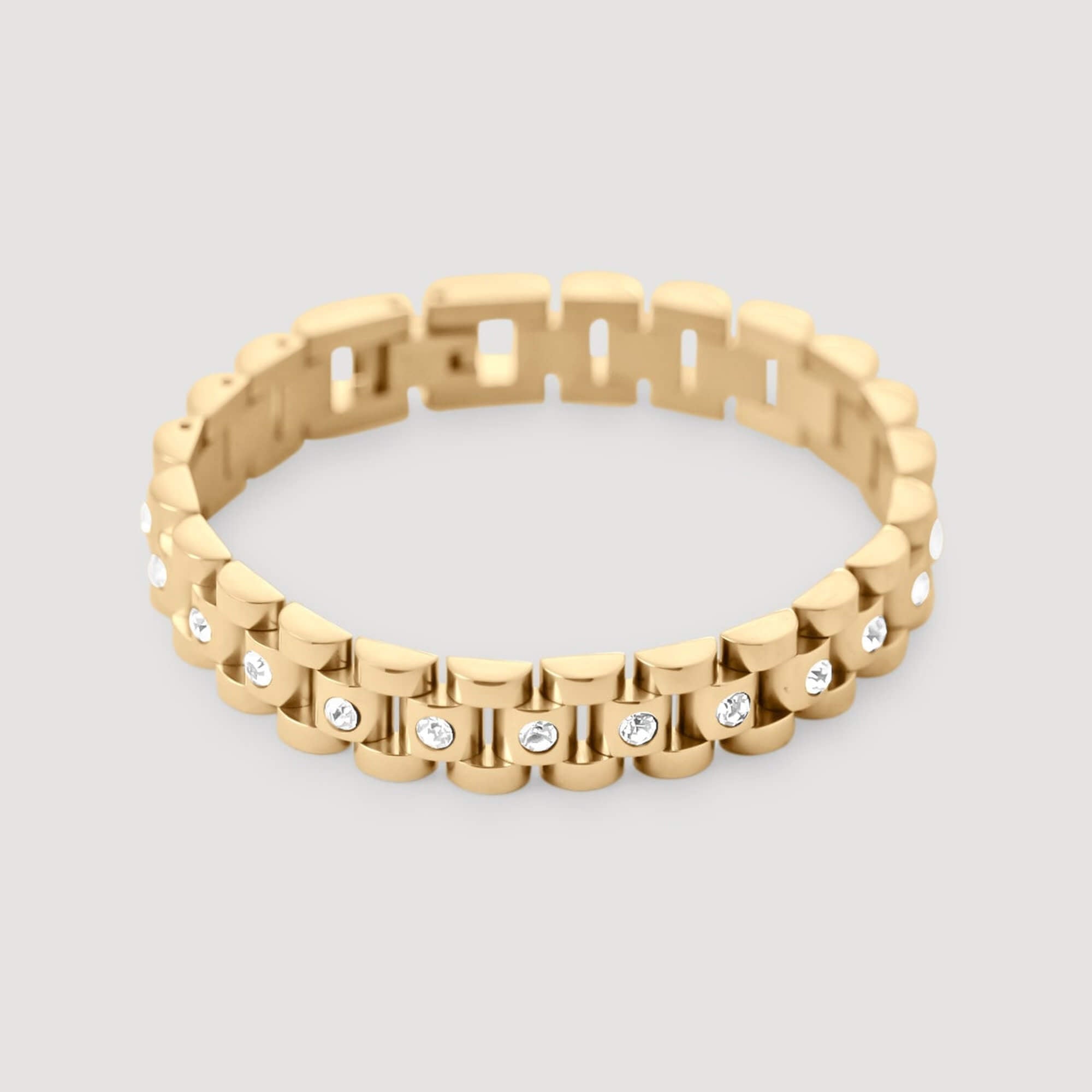 Front view of the KennedyB CZ watch band bracelet by Kampy Designs, highlighting its intricate cubic zirconia embellishments and polished metal finish.