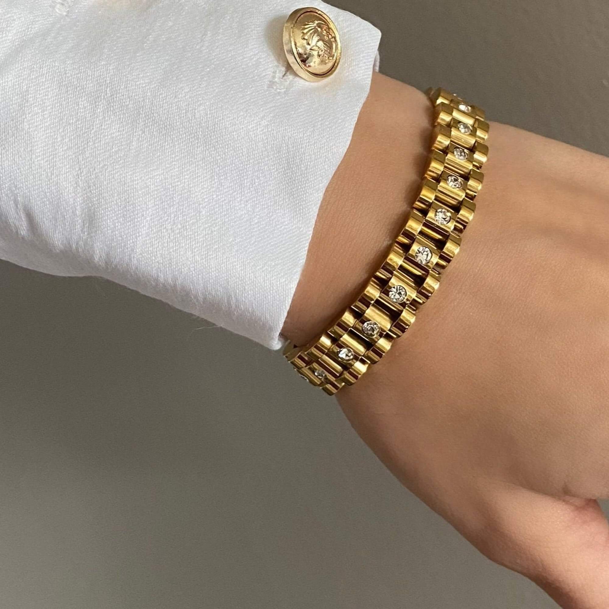 The KennedyB CZ watch band bracelet by Kampy Designs, stylishly worn to showcase its shimmering cubic zirconia stones and luxurious band design.