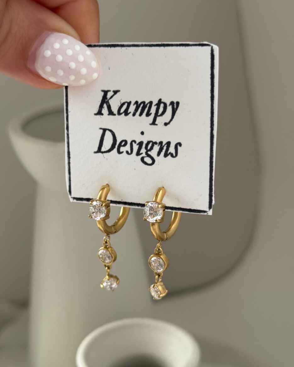 Gold Triple CZ Dangle Hoop Earrings – Elegant Drop Studs