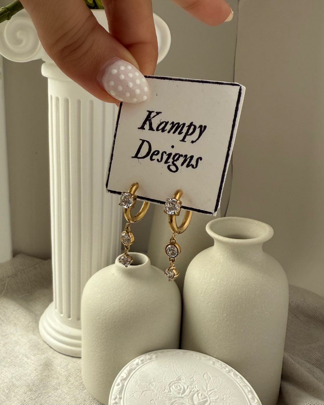 Gold Triple CZ Dangle Hoop Earrings – Elegant Drop Studs