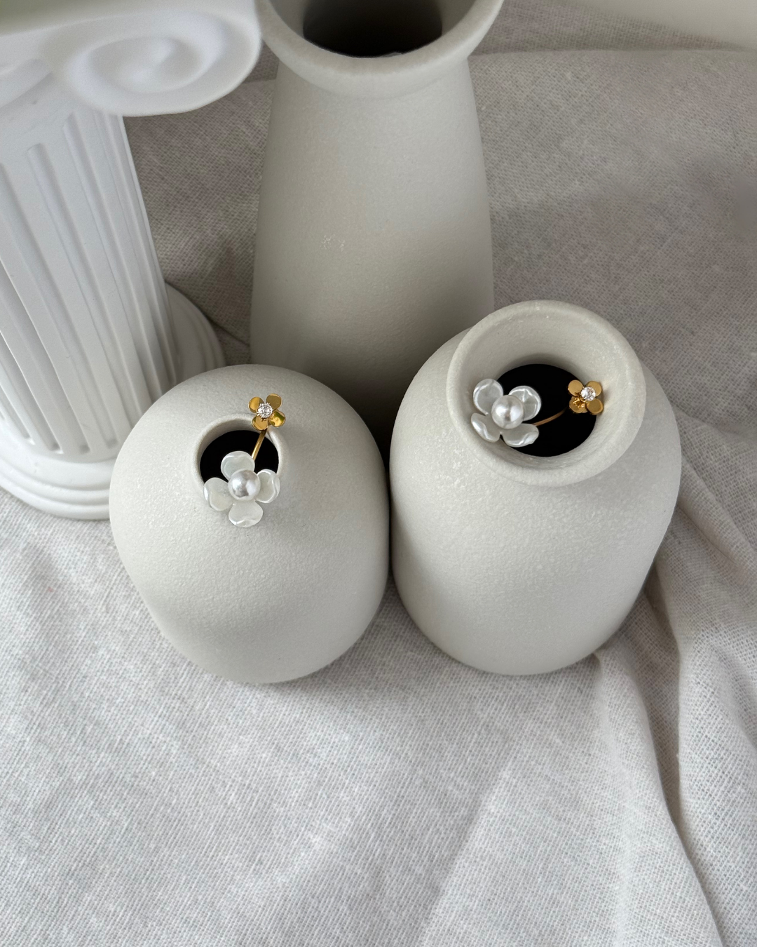 Petal Pearl Drop Earrings – Gold & White Flower Statement Pair