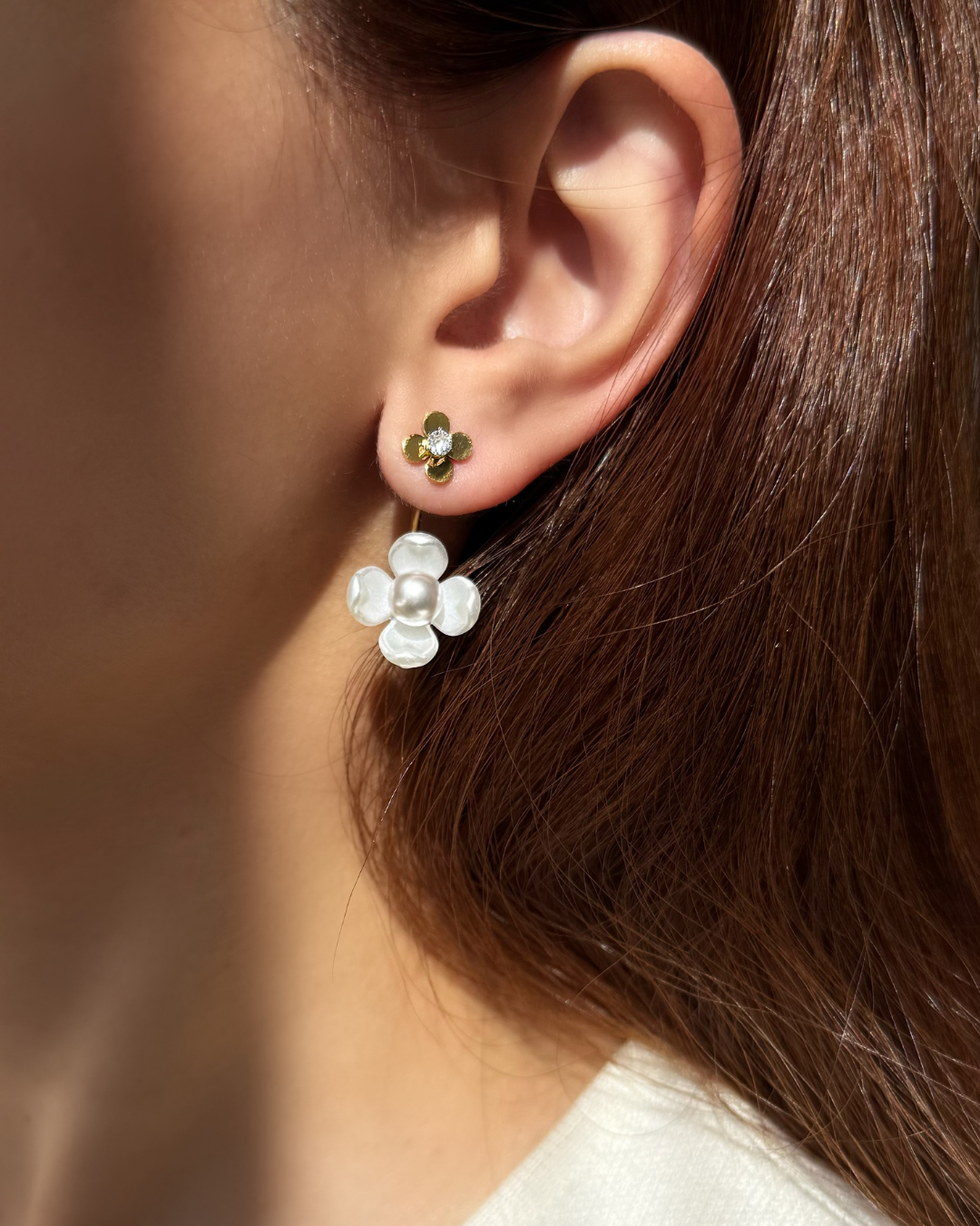 Petal Pearl Drop Earrings – Gold & White Flower Statement Pair