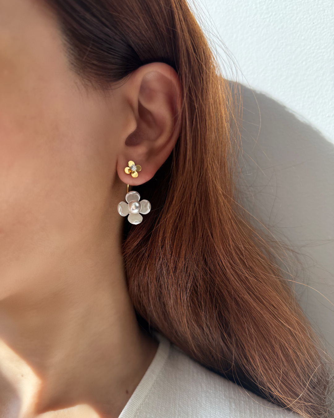 Petal Pearl Drop Earrings – Gold & White Flower Statement Pair