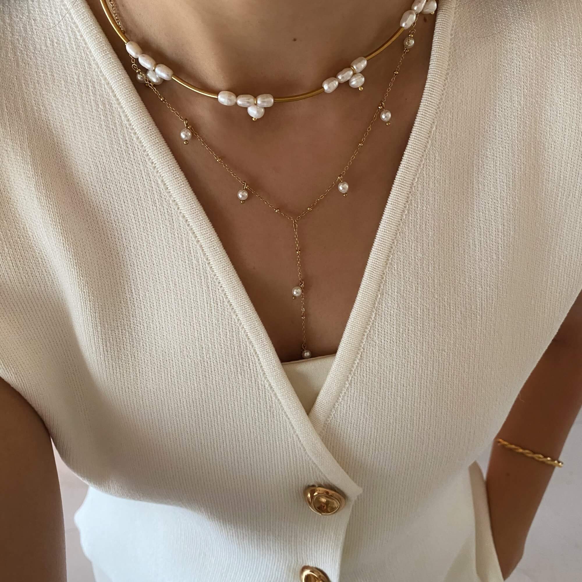 Layered view of the KlamN freshwater pearl boho chain necklace by Kampy Designs, styled with multiple chains for a chic bohemian aesthetic.
