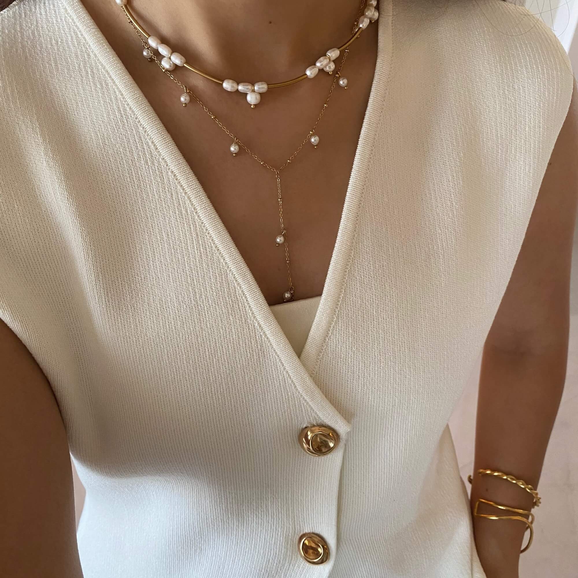 Stacked view of the KlamN freshwater pearl boho chain necklace by Kampy Designs, layered with complementary pieces for a fashionable, effortless style.