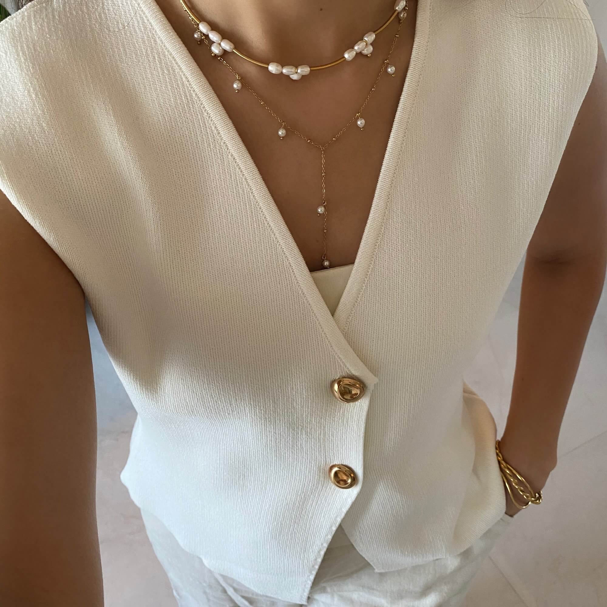 The KlamN freshwater pearl boho chain necklace by Kampy Designs, styled for an elegant and modern look.
