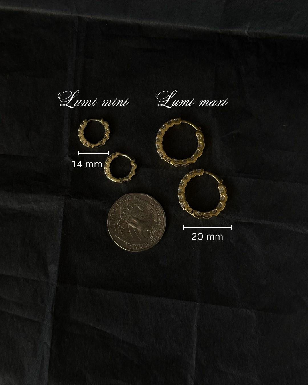 Size comparison of gold moissanite huggie hoop earrings showing 14 mm mini hoops and 20 mm hoops by Kampy Designs.