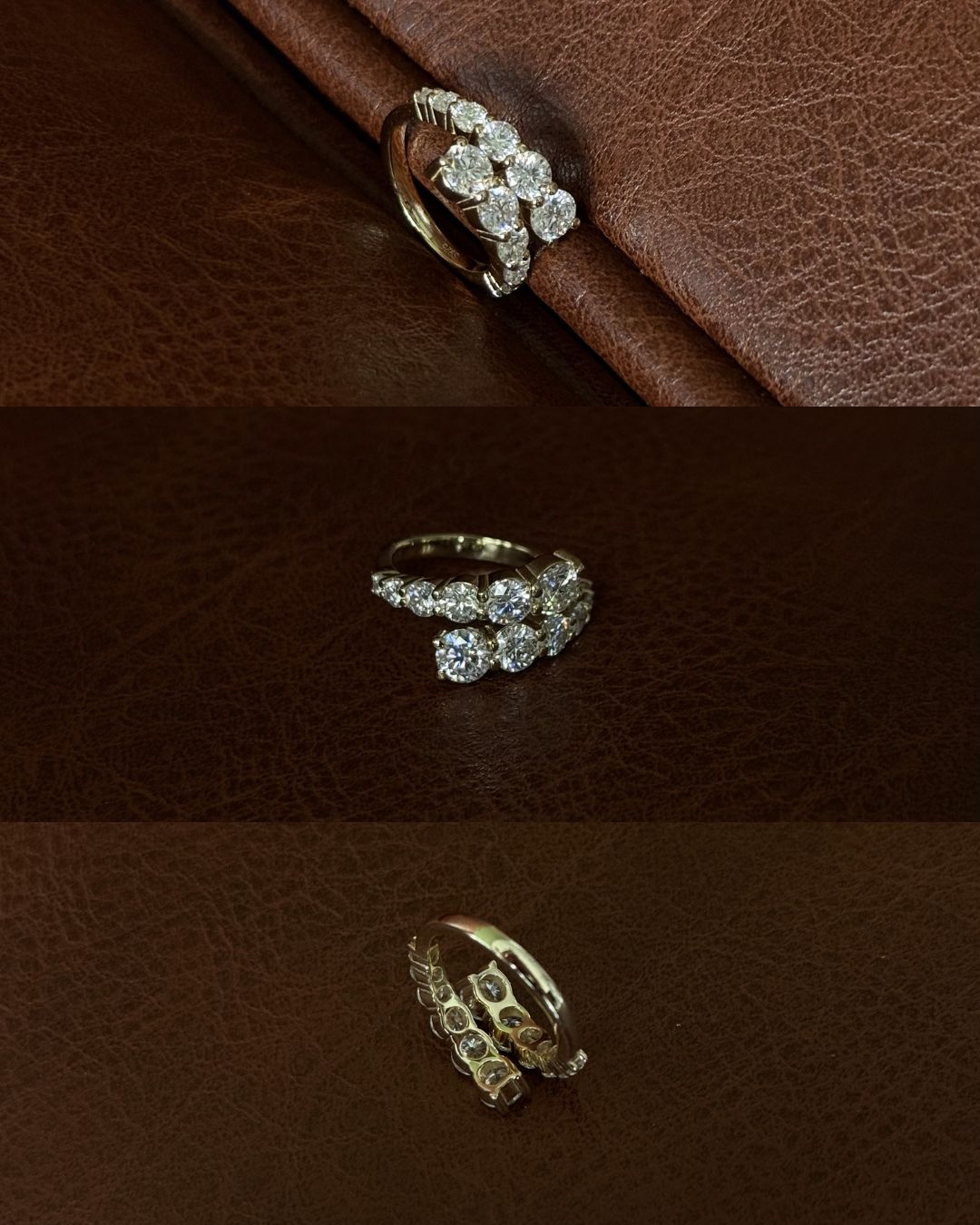 Gold moissanite open wrap ring photographed on brown leather with close-up detail views.
