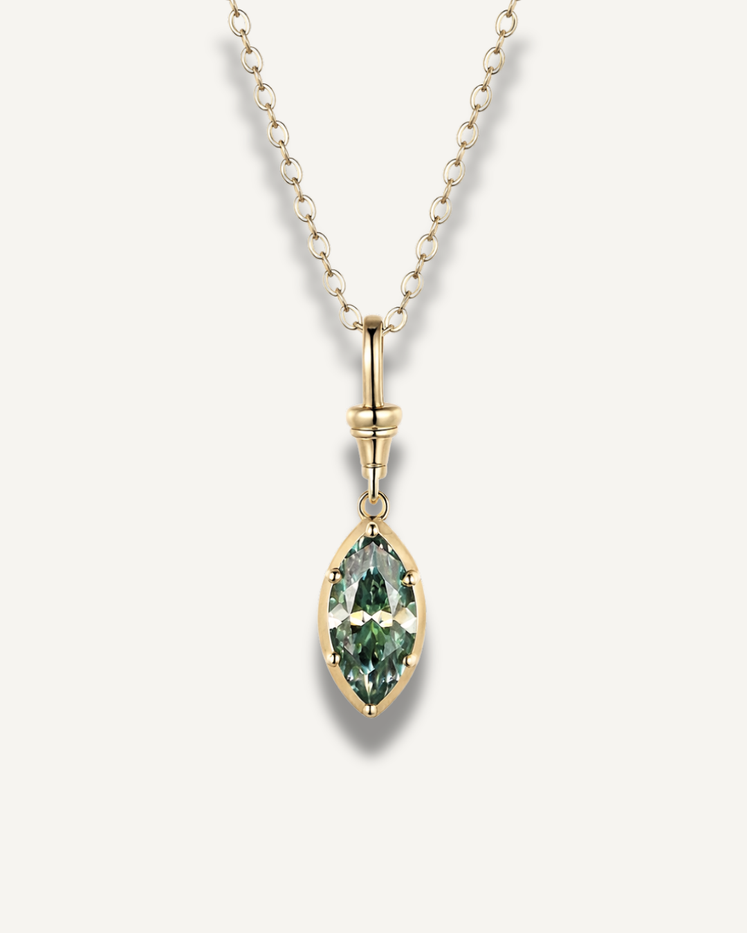 Green marquise-cut moissanite pendant necklace in 14K gold-plated 925 sterling silver on fine gold chain by Kampy.