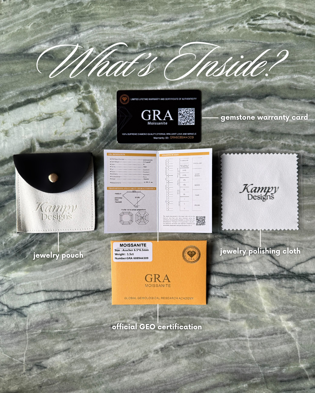 Collection of Kampy jewelry care items including a pouch, warranty card, certification, and polishing cloth on a marble background.