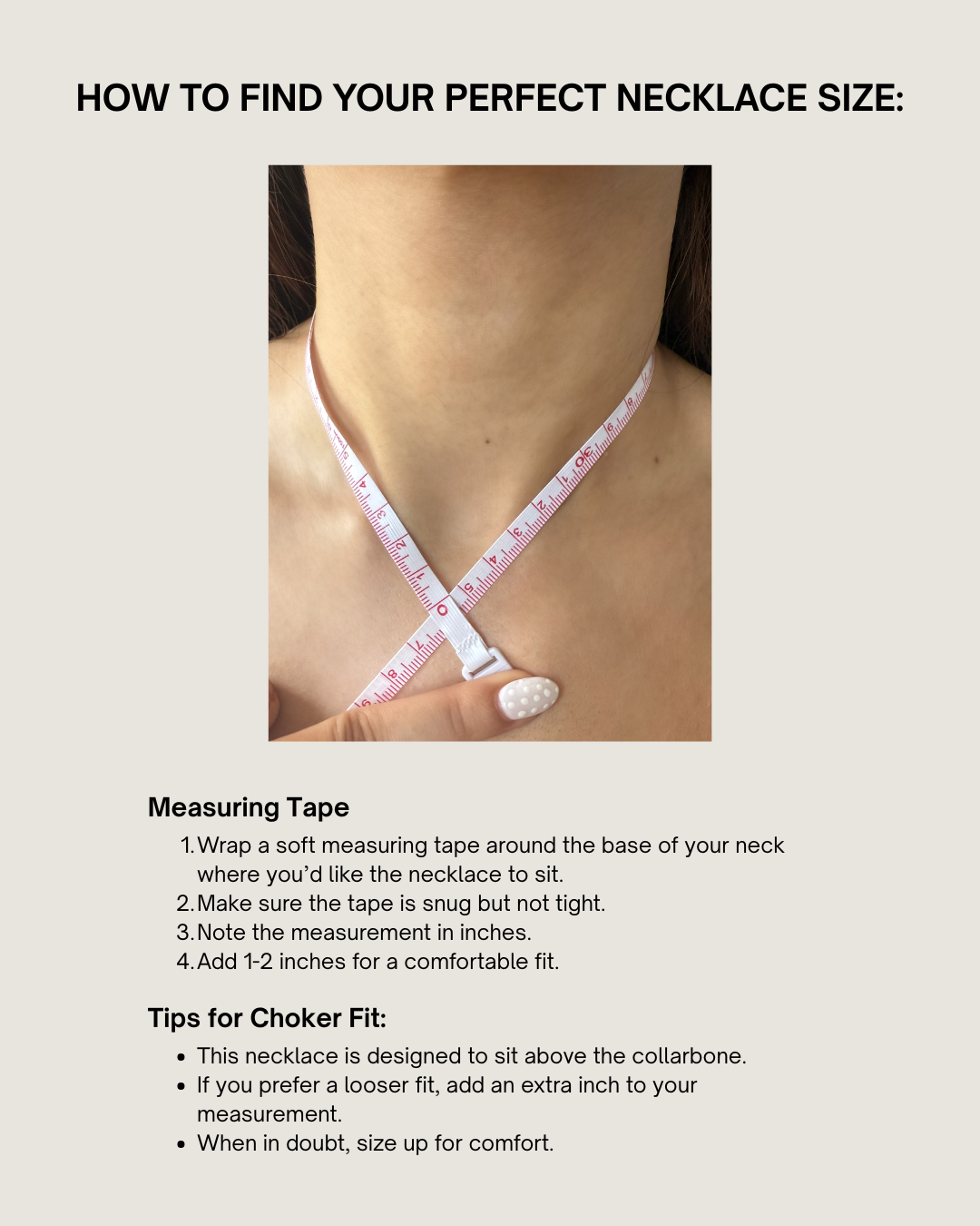 Instructions on how to measure necklace size with a measuring tape, displayed on a light gray background.