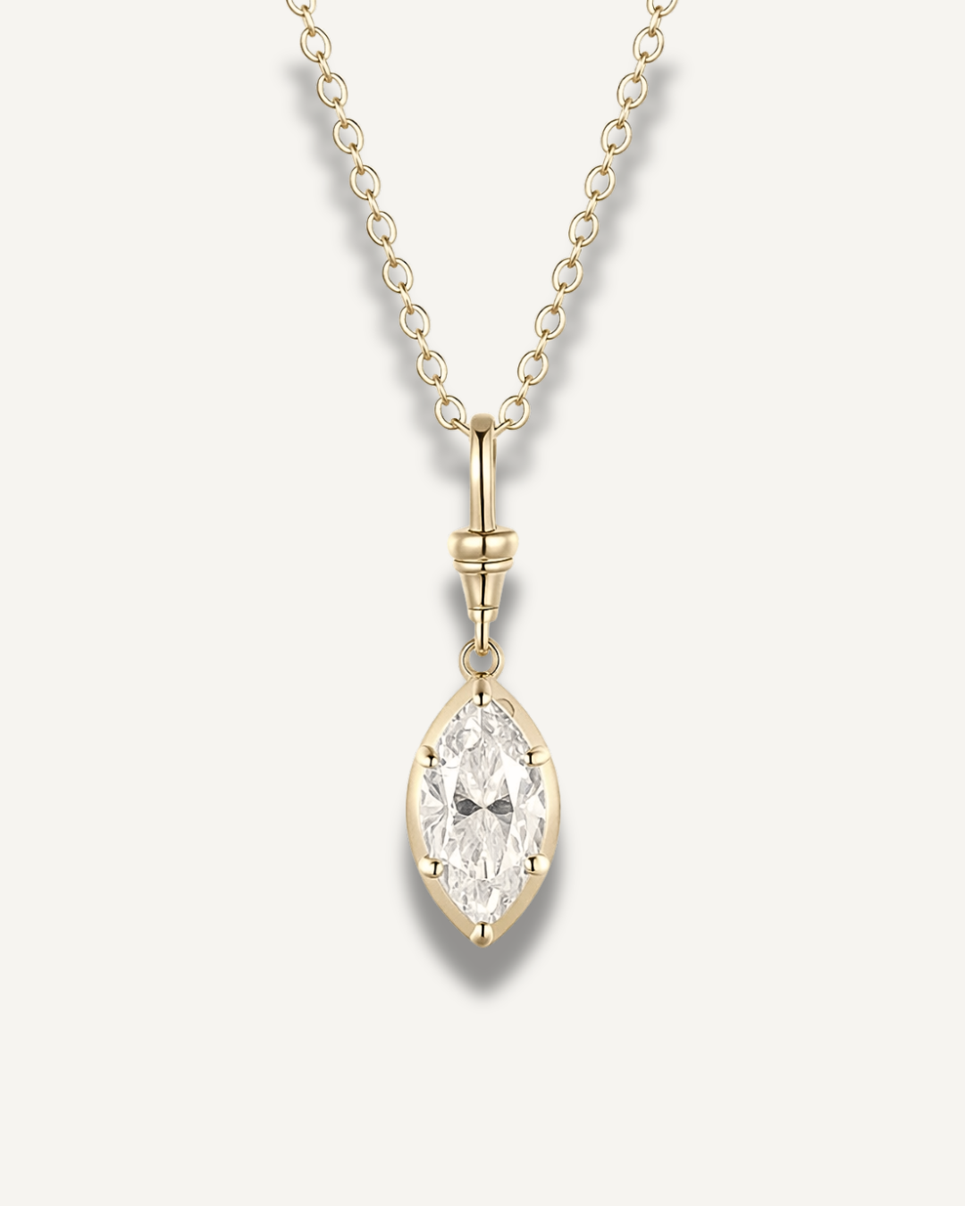 Marquise-cut white moissanite necklace with 2 carat stone in 14K gold plated sterling silver on fine chain by Kampy