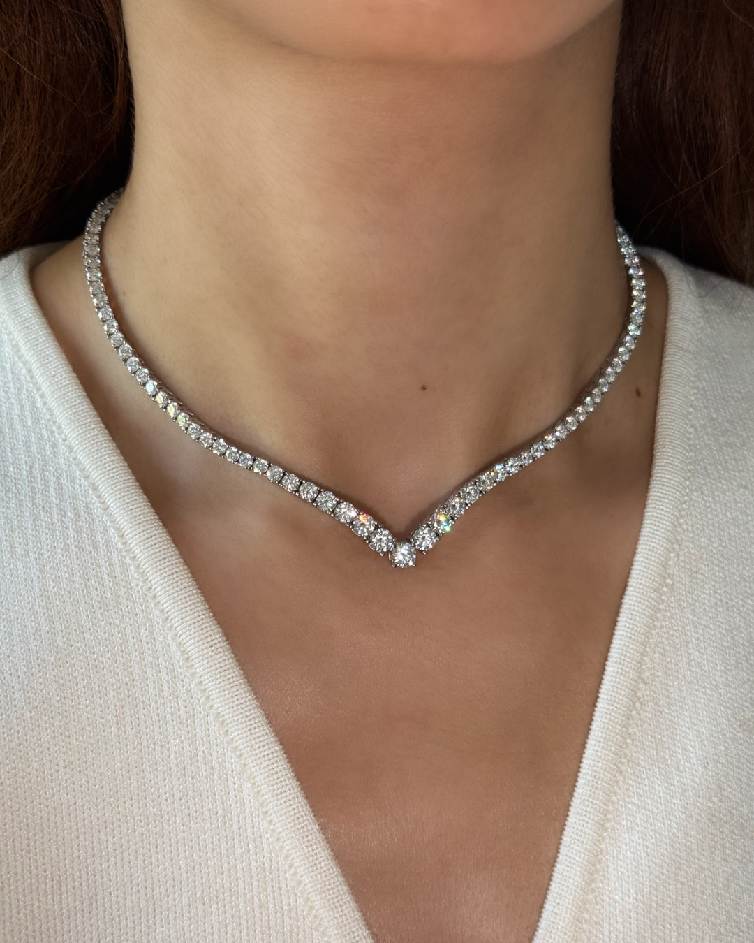 Close-up of a person wearing a diamond necklace with a white sweater.