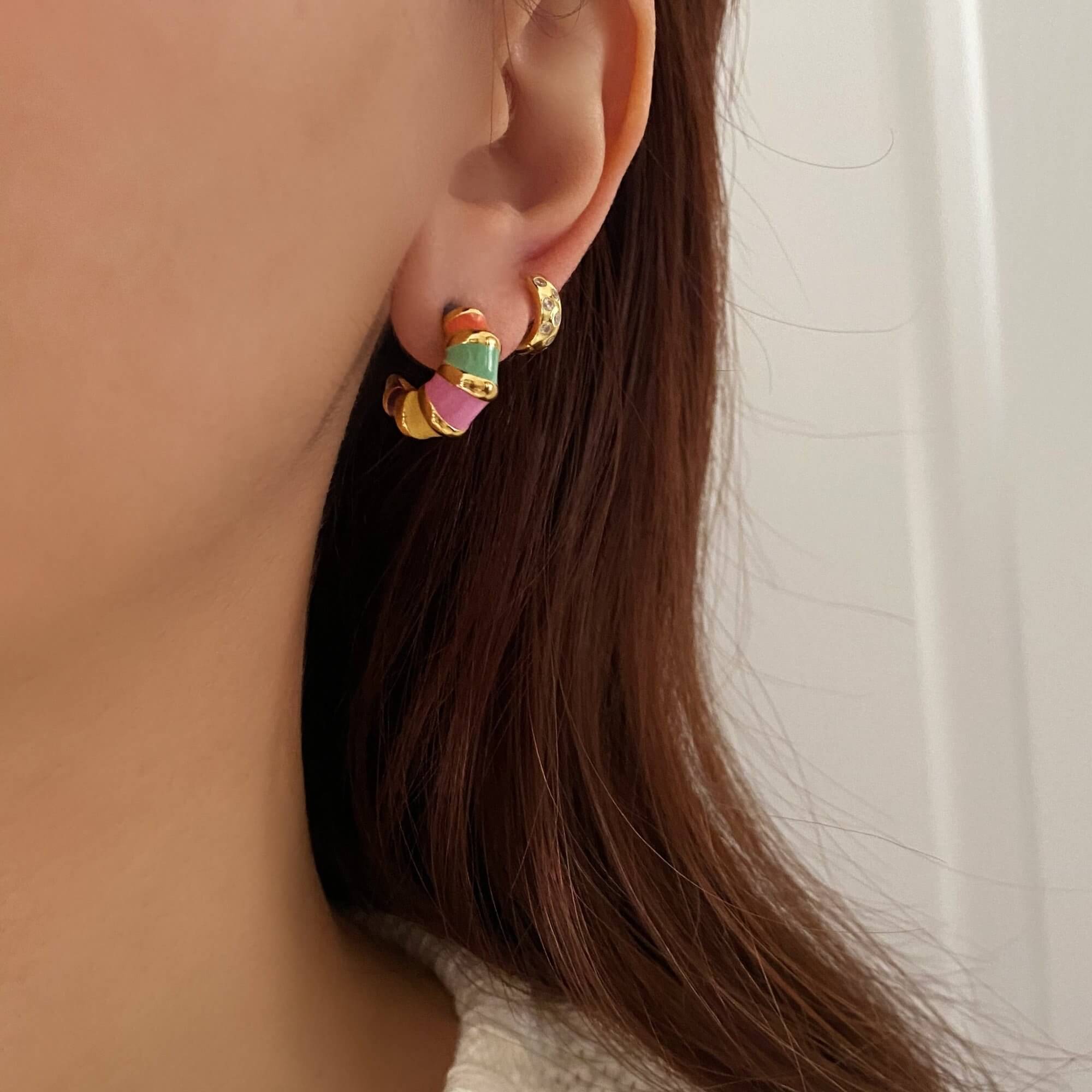 Full view of the KrosantE multi-color enamel hoop earrings by Kampy Designs, showcasing their vibrant enamel finish and bold hoop design.