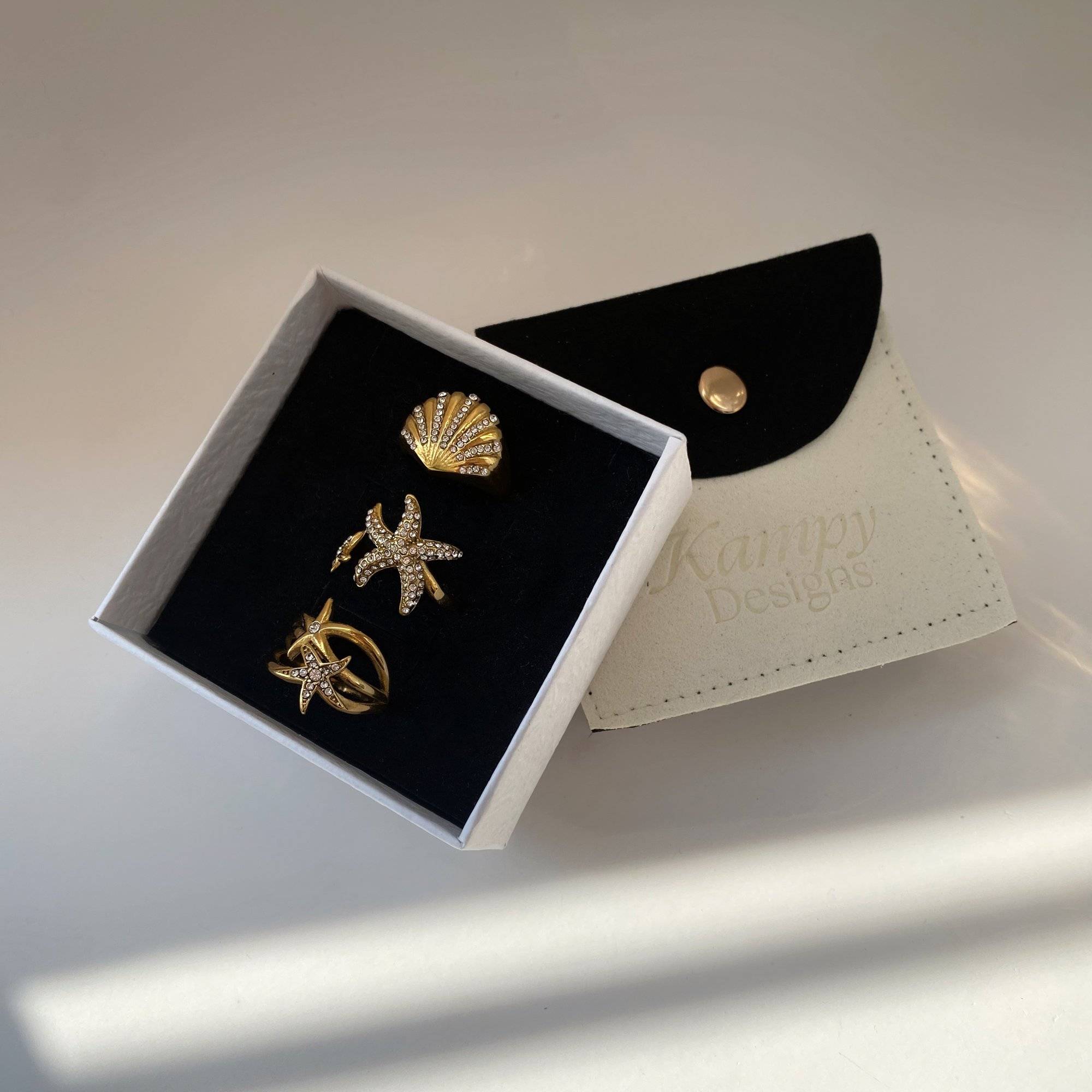 KlamR ocean ring set by Kampy Designs, displayed in branded packaging to highlight its elegant presentation and gifting appeal.