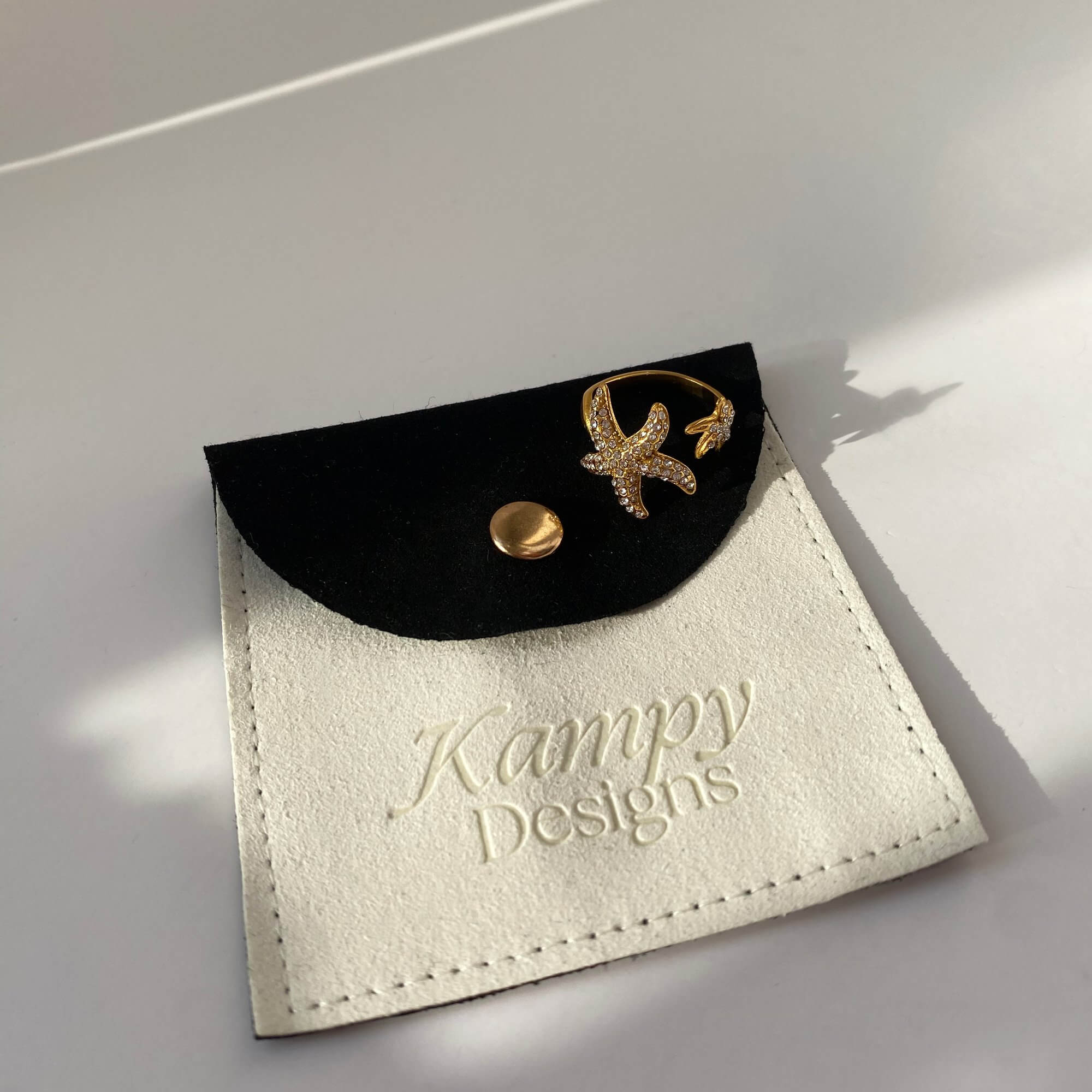 Ocean Ring Set Design B by Kampy Designs, shown on the model’s hand to emphasize its coastal flair and refined fit.