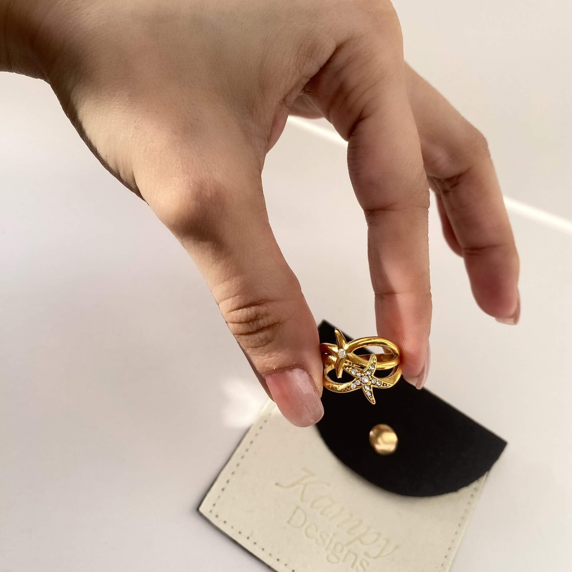 Ocean Ring Set Design C by Kampy Designs, worn by model to highlight its stackable design and organic inspiration.
